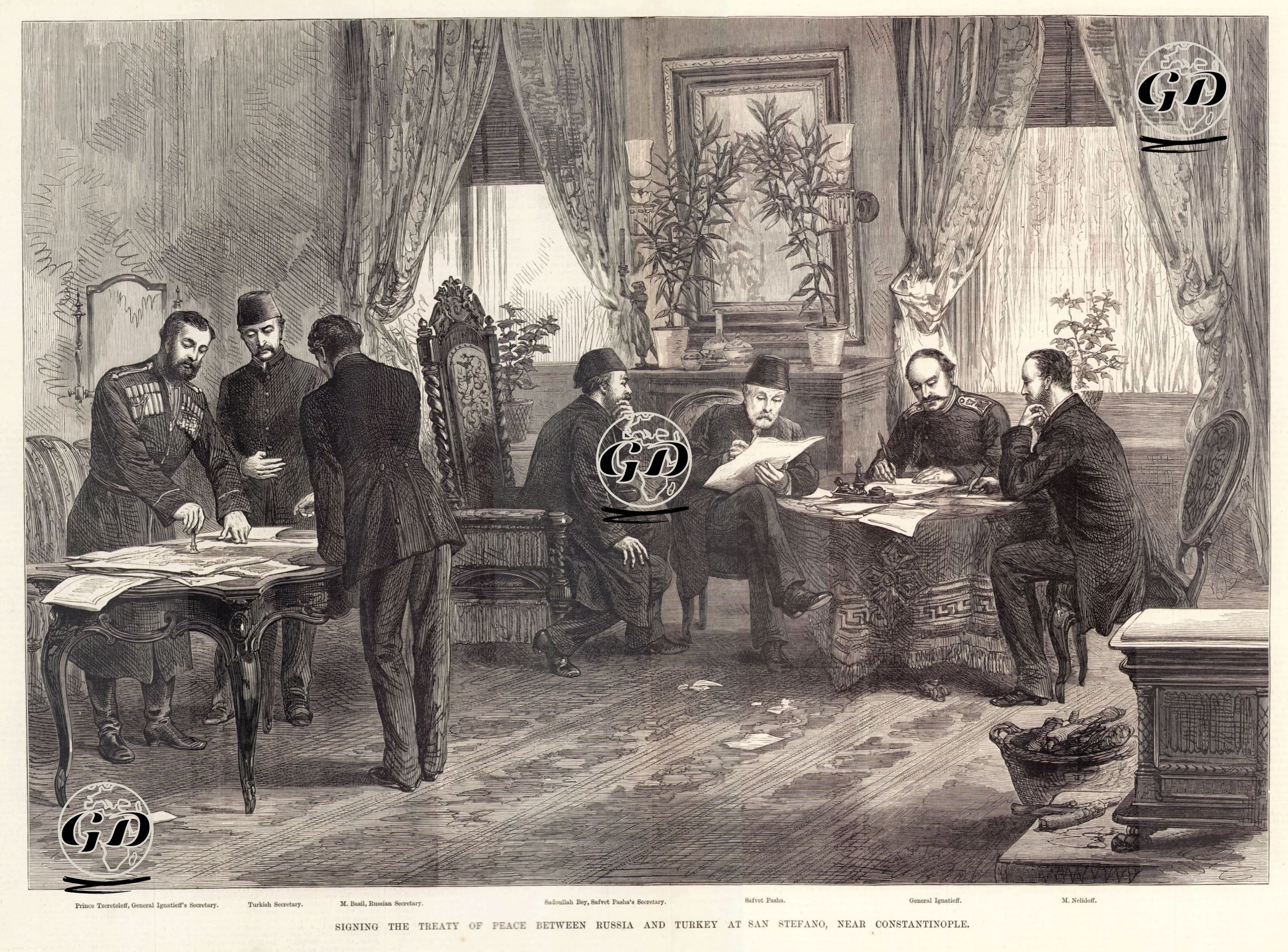 Signing the Treaty of Peace Between Russia And Turkey At San Stefano, Near Constantinople-Prince Tzereteleff, General Ignatieff Secretary- Turkish Secretary- Mr.Basil, Russian Secretary-Sadoullah Bey Safvet Pasha's  Secretary-Safvet Pasha-General Ignatieff-M.Nelidoff  -  - 1878