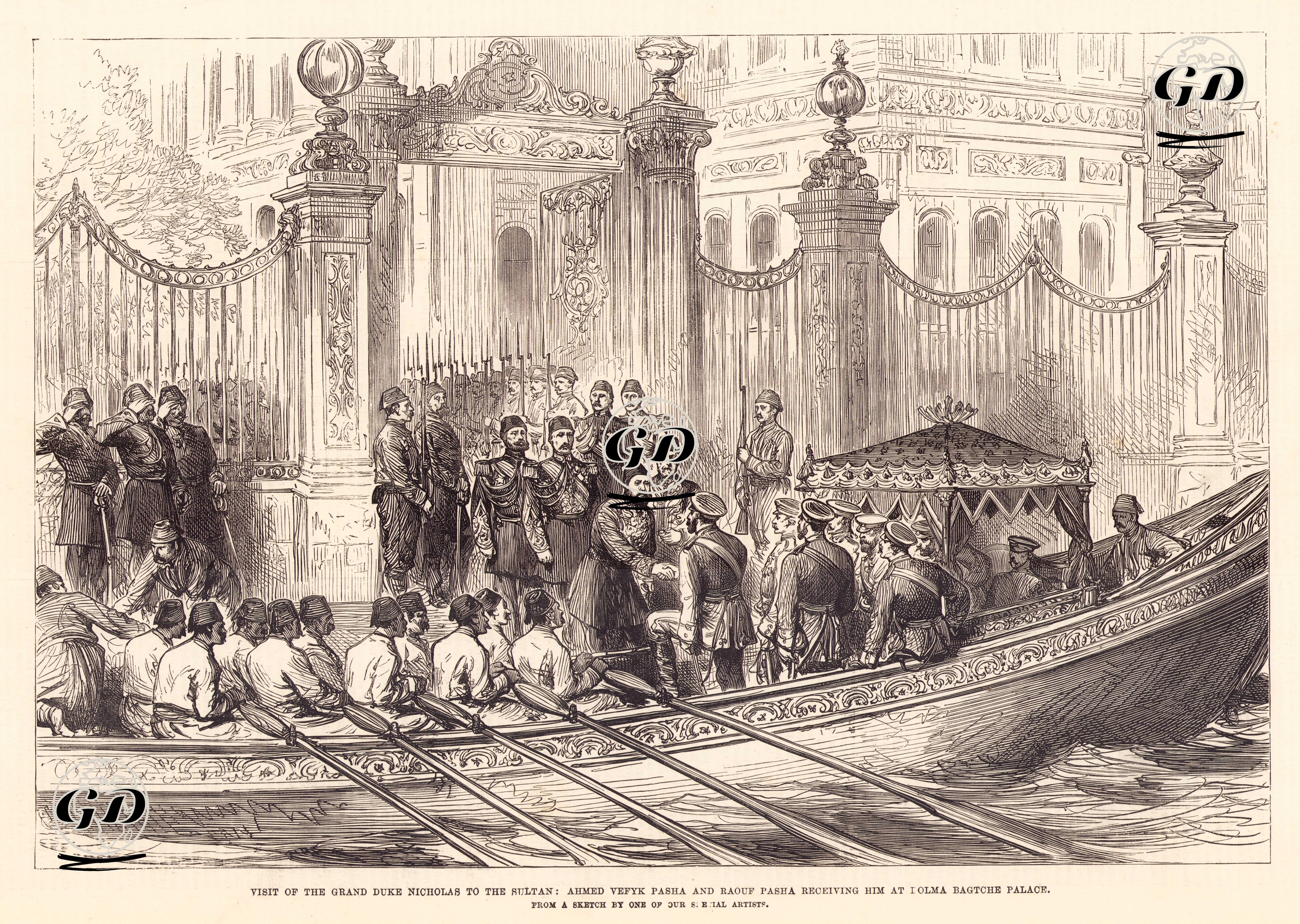 1877-1878 Osmanlı-Rus Savaşının (93 Harbi) Sonunda  Ahmed Vefik Paşa Ve Rauf Paşa'nın Pahişah II.Abdülhamit'i Ziyarete Gelen Grandük Nikolay Nikolayeviç'i Dolmabahçe Sarayının Kapısında Karşılaması -  - 1878
