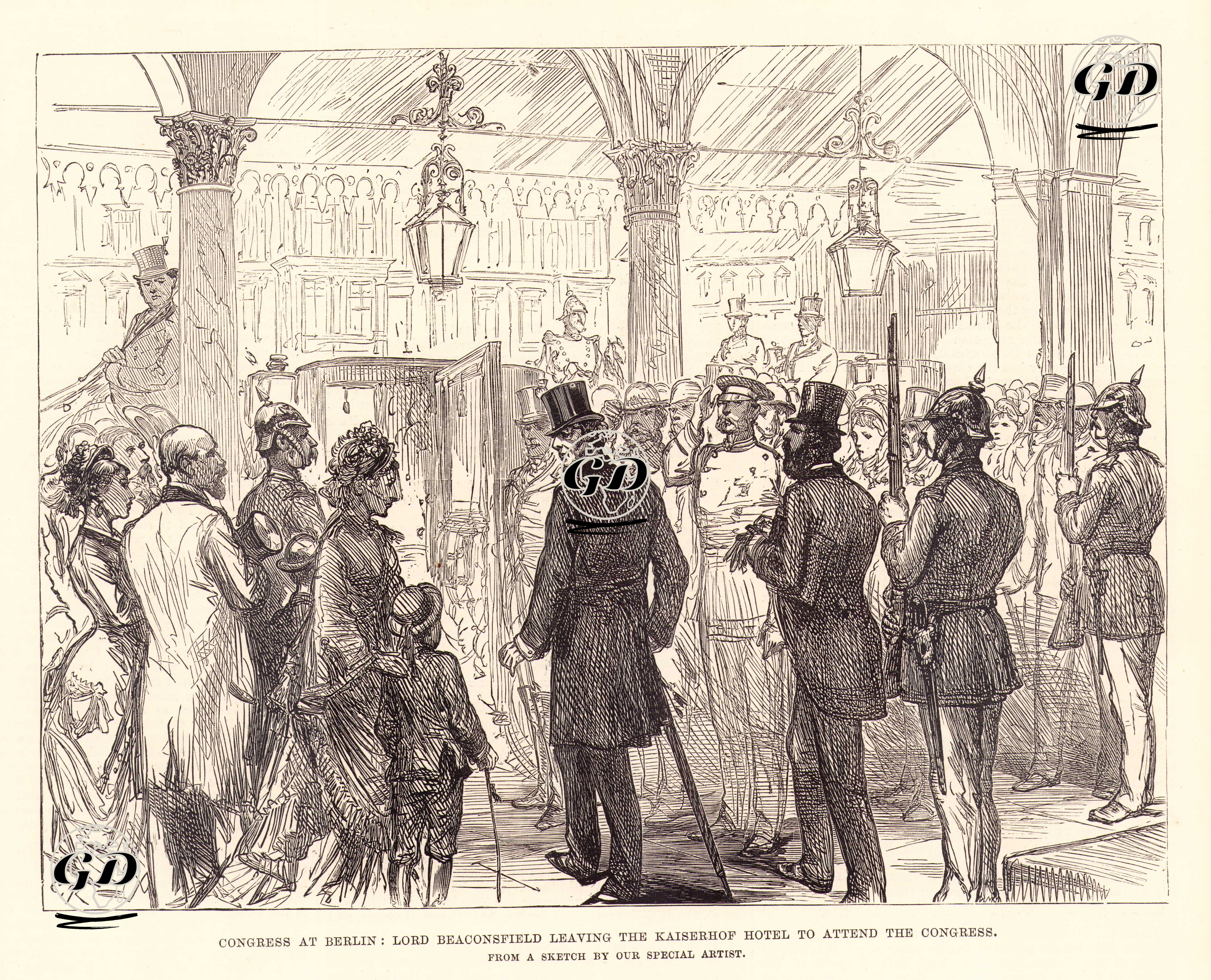 1877-1878 Osmanlı-Rus Savaşı (93 Harbi) Sonrası Yapılan Berlin Kongresi Toplantısına Katılmak İçin Beaconsfield Kontu Benjamin Disraeli'nin Kaiserhof Otelinden Ayrılması - C.Robinson - 1878