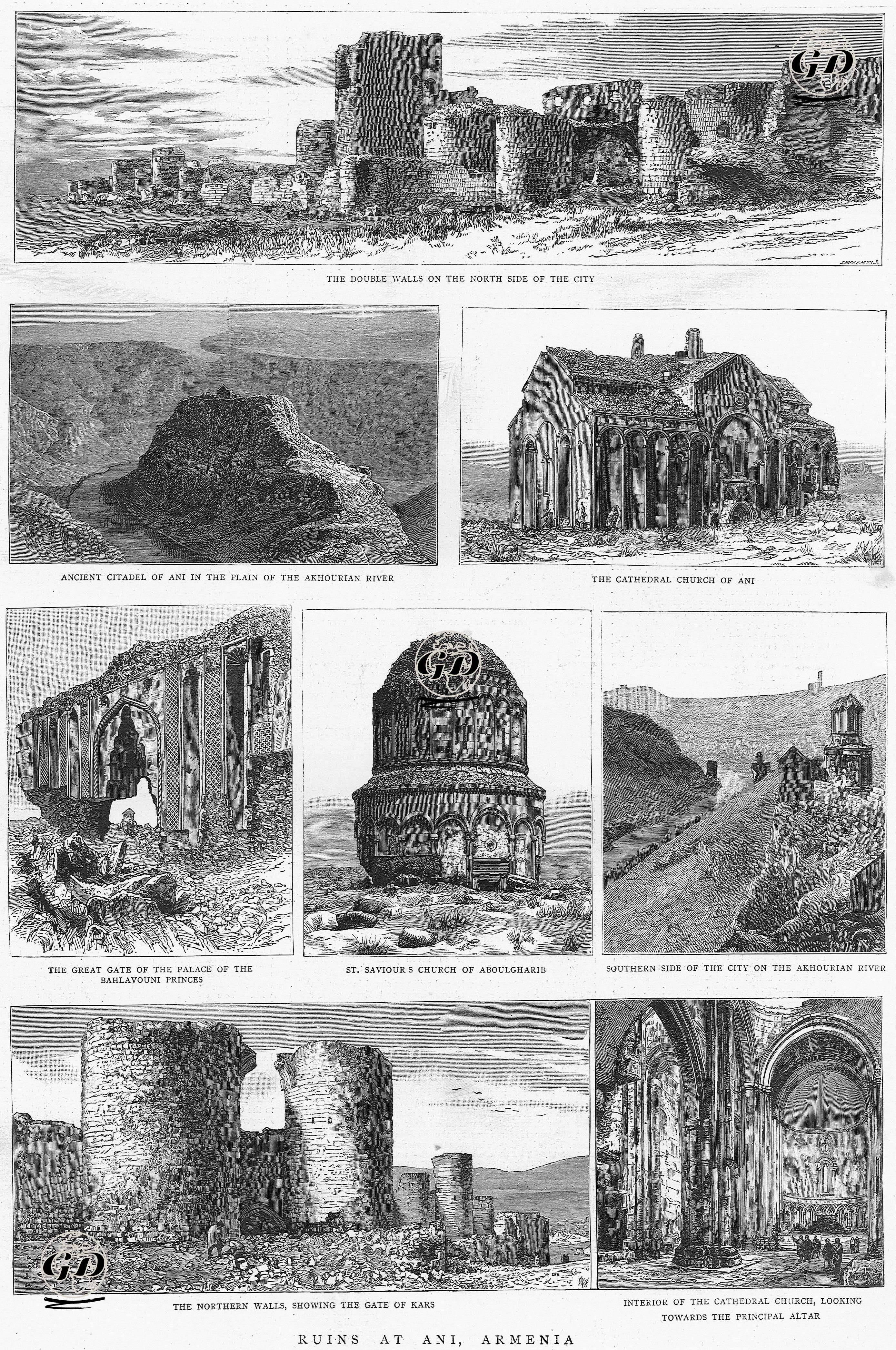 Ani Harabeleri, Kars-Şehrin Kuzey Tarafındaki Çift Katmanlı Surlar-Arpaçay Nehrinin Ovasındaki Ani Kalesi-Ani Katedrali-Pahlavuni Sarayının Büyük Kapısı-Abugamir Pahlavuni Kilisesi-Arpaçay Nehri Üzerinde Antik Şehrin Güney Bölümü-Kars Kapısı Olarak Gözüken Antik Şehrin Kuzey Duvarları-Ana Altar Tarafından Ani Katedralinin İç Kısmı -  - 1895