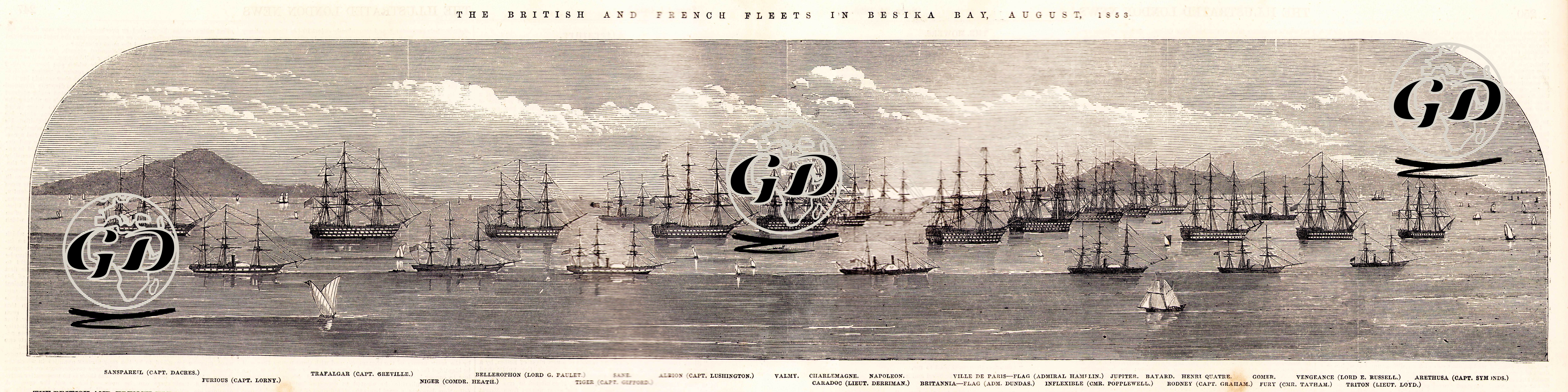 The British And French Fleets in Besika Bay, August 1853-Sanspareil (Captain Dacres), Furious (Captain Lorny), Trafalgar (Captain Greville), Niger (Commander Heath), Bellerophon (Lord G.Paulet), Tiger (Captain Gifford) Sane, Albion (Captain Lushington) Valmy, Charlemagne, Mapoleon, Caradoc (Lieutenant Derriman), Britannia Flag ( Admiral Dundas), Ville de Paris Flag (Admiral Hamplin), Inflexible (Commander Popplewell), Jupiter, Bayard, Rodney (Captain Graham) Henri Quatre, Gomer, Fury (Commander Tatham), Vengeance (Lord E Russell), Triton (Lieutenant Loyd), Arethusa (Captain Symonds) -  - 1853