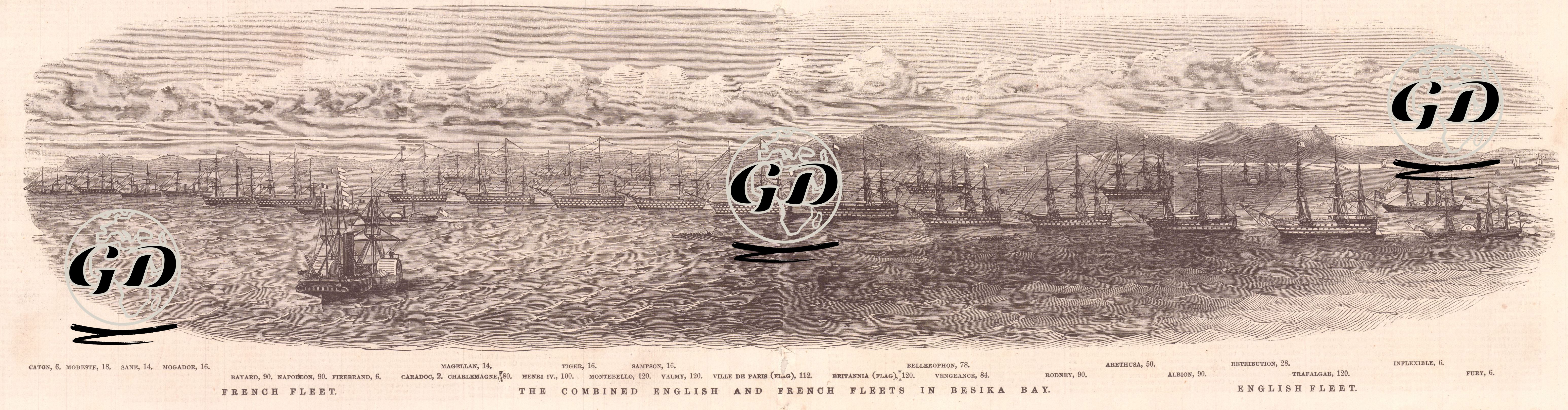 1853-1856 Osmanlı-Rus Savaşı (Kırım Savaşı) Sırasında Beşika Koyunda Birlikte Bulunan İngiliz ve Fransız Donanması--Caton, Modeste, Sane, Mogador, Bayard, Napoleon, Firebrand, Caradoc, Magellan, Charlemagne, Henri IV, Tiger,Montebello, Sampson, Valmy, Ville de Paris (Amiral Gemisi), Britannia (Amiral Gemisi), Bellerophon, Vengeance, Rodney, Arethusa, Albion, Retribution, Trafalgar, Inflexible, Fury  -  - 1853