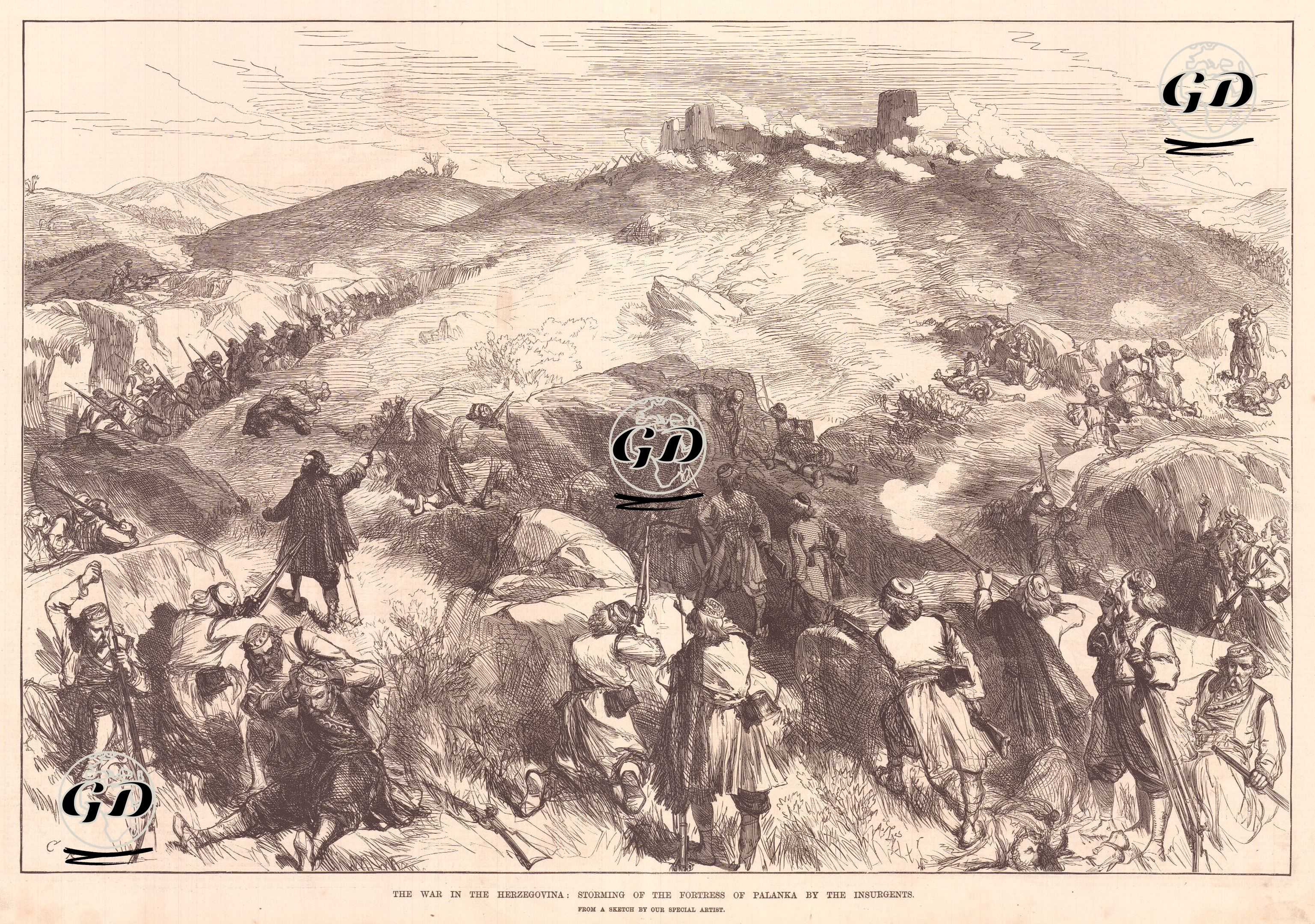 The War in the Herzegovina, Storming Of The Fortress Of Palanka By The Insurgents - C.Robinson - 1875