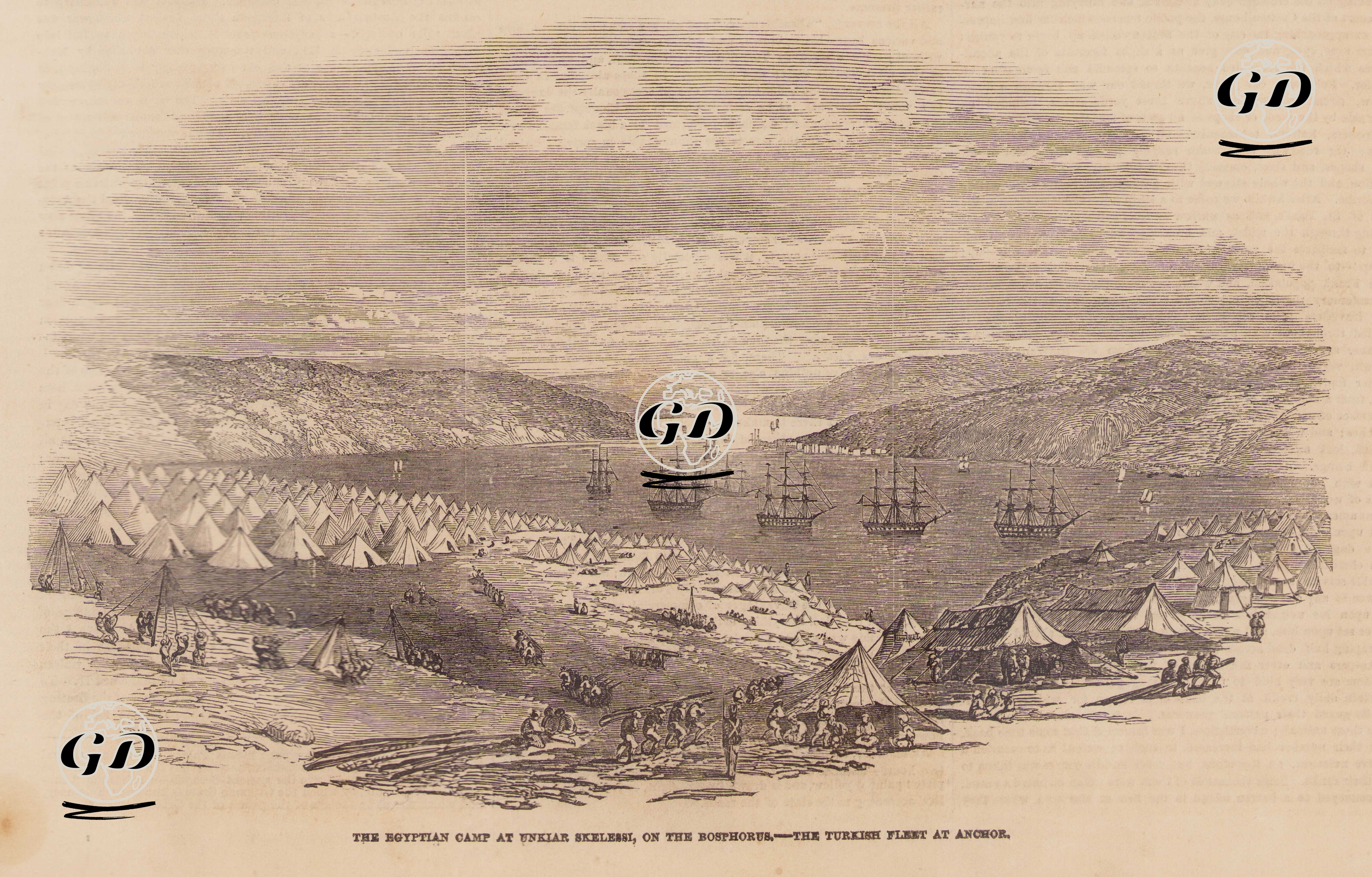 1853-1856 Osmanlı-Rus Savaşı (Kırım Savaşı) Sırasında Beykoz Hünkar İskelesine Kamp Yapmış Mısırlı Askerler Ve İskele Önüne Demirlemiş Türk Donanması -  - 1853