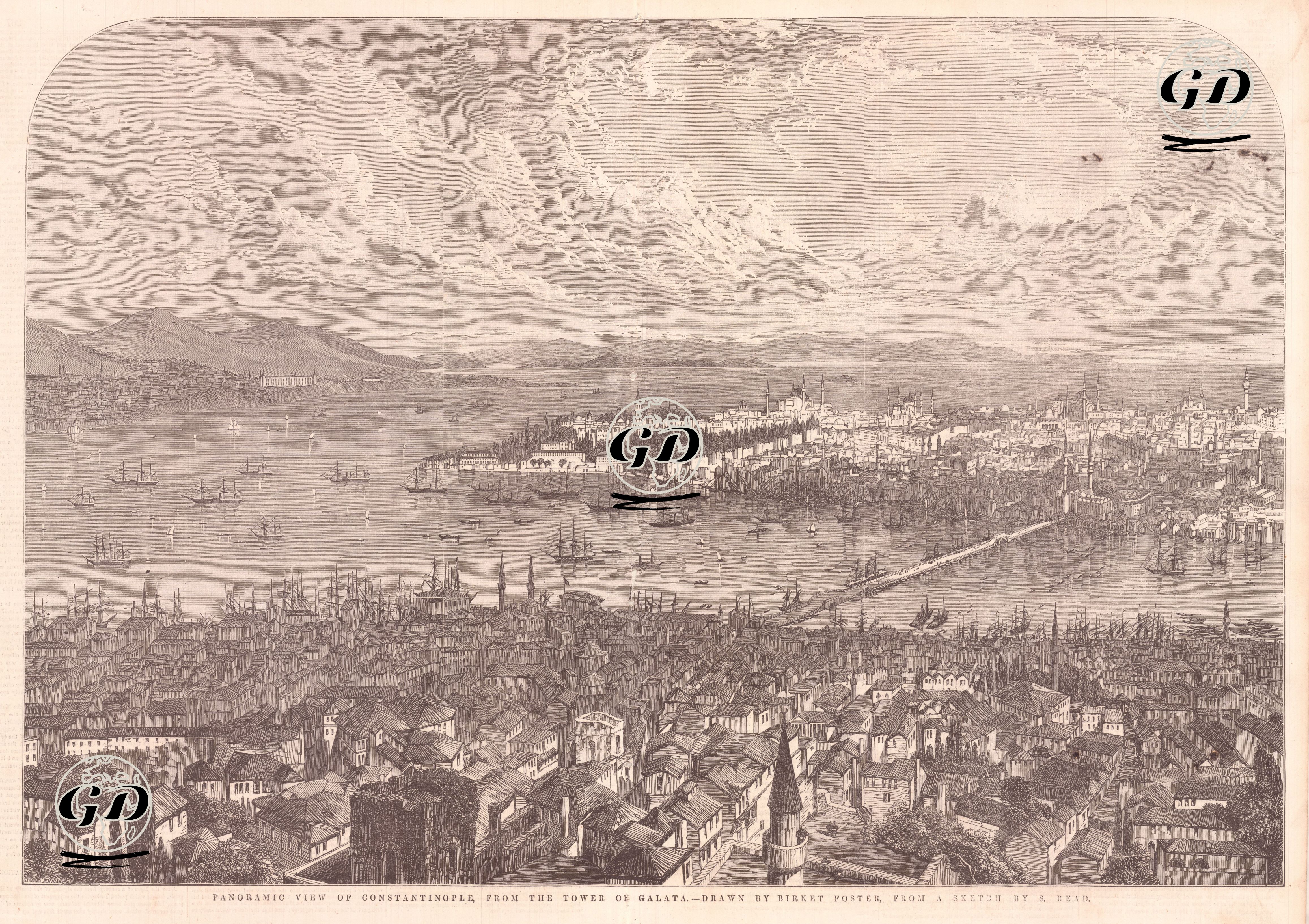 Galata Kulesinden İstanbul Manzarası - Myles Birket Foster (1825-1899)-S.Read - 1853