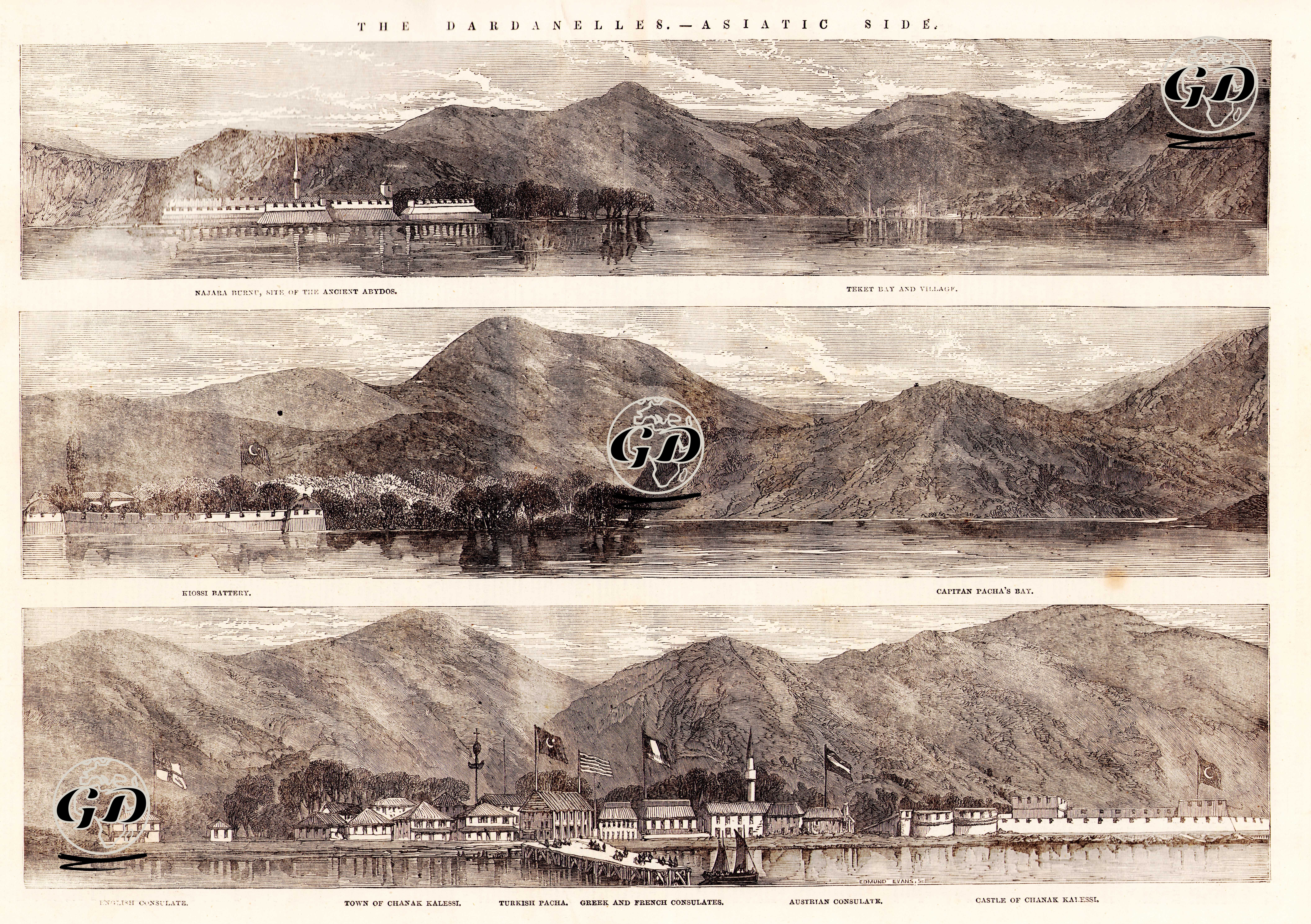 1853-1856 Osmanlı-Rus Savaşı (Kırım Savaşı) Sırasında Çanakkale Boğazının Asya Yakası-Nara Burnu Ve Abidos (Abydos) Antik Şehri-Teket Koyu Ve Köyü-
Kiossi Bataryası-Kaptan Paşa Koyu-İngiliz Konsolosluğu-Çanakkale-Türk Paşasının Karargahı-Yunanaistan Ve Fransız Konsolosluğu-Avusturya Konsolosluğu-Çimenlik (Çanakkale) Kalesi -  - 1853