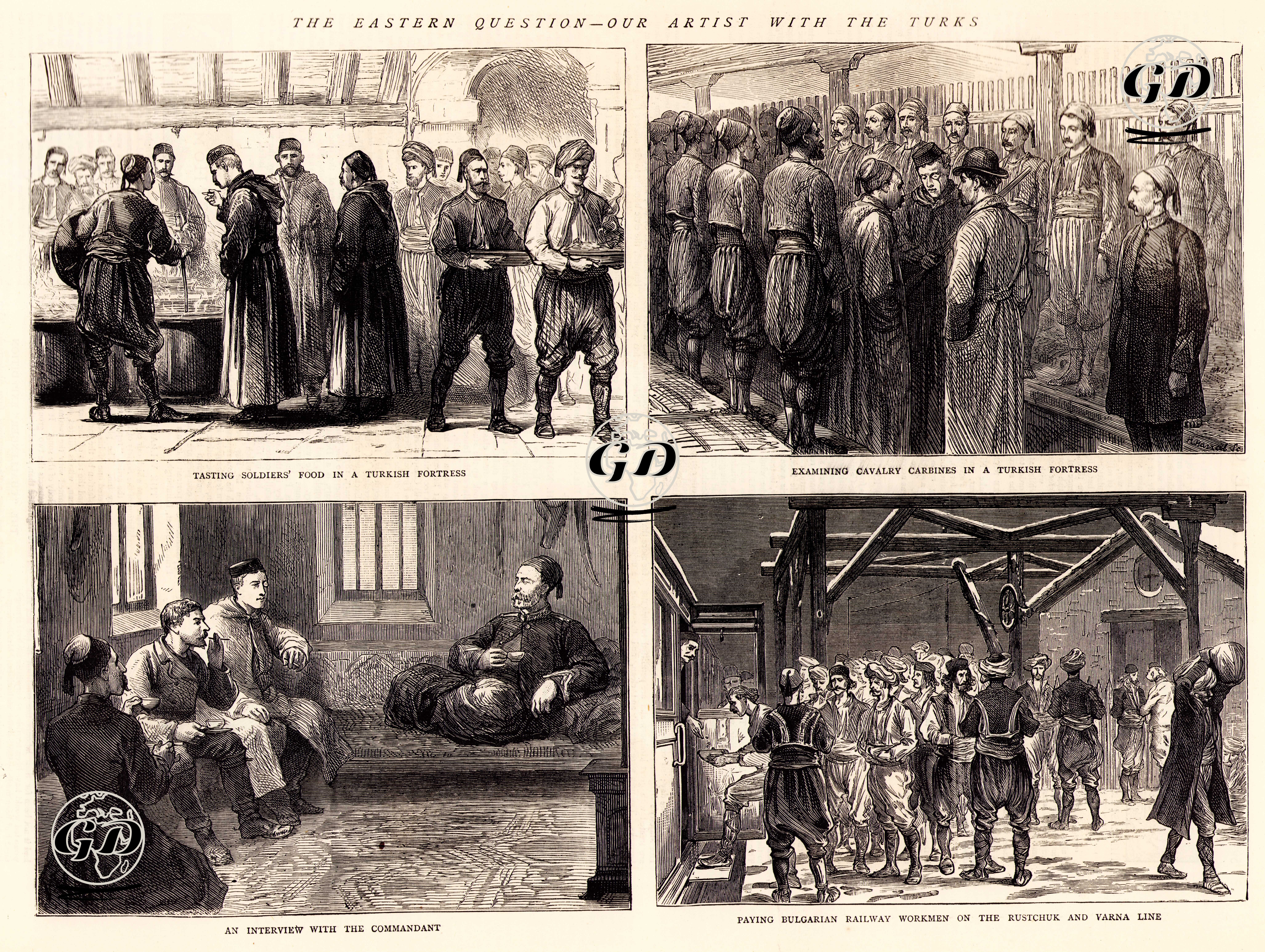 1876-1877 Osmanlı-Sırp Savaşı Sırasında-Bir Türk Kalesinde Askerlerin Yemeklerini Tadılması-Bir Türk Kalesinde Süvari Tüfeklerinin İncelenmesi-Türk Komutanla Sohbet-Rusçuk ve Varna Hattında Çalışan Bulgar Demiryolu İşçilerine Ücretlerinin Ödenmesi -  - 1876
