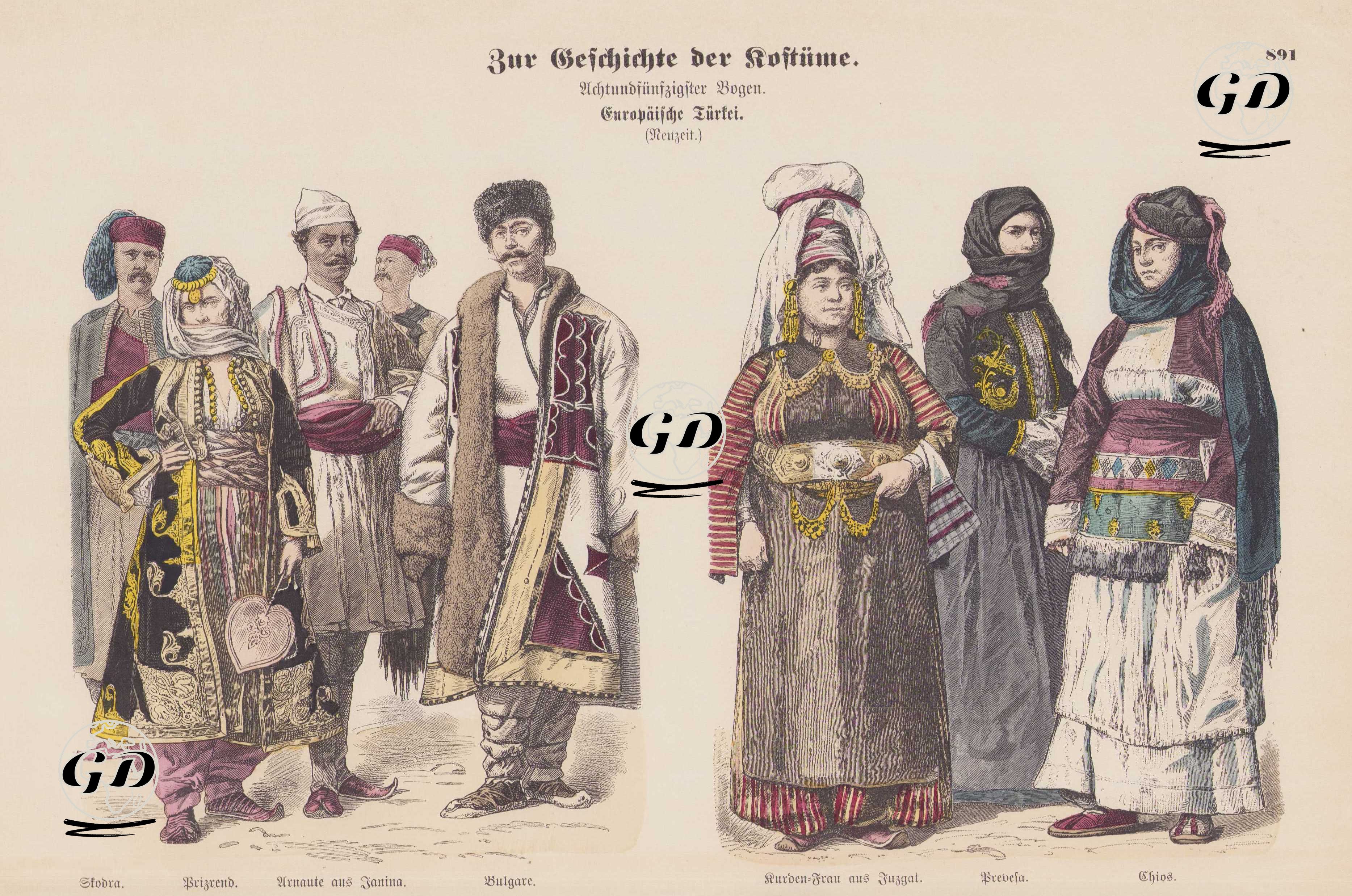 19.Yüzyılın ikinci Yarısında Avrupada ki Türkiye'de Yaşayanların Kostümleri, İşkodralı (Shkodra) Erkek, Priznen'li Kadın, Yanya'lı (Janina) Arnavutlar, Bulgar-Juzgat'lı Kürt Kadın, Preveza'lı Kadın, Sakız Adasında Yaşayan Bir Kadın -  - 1861-1890's