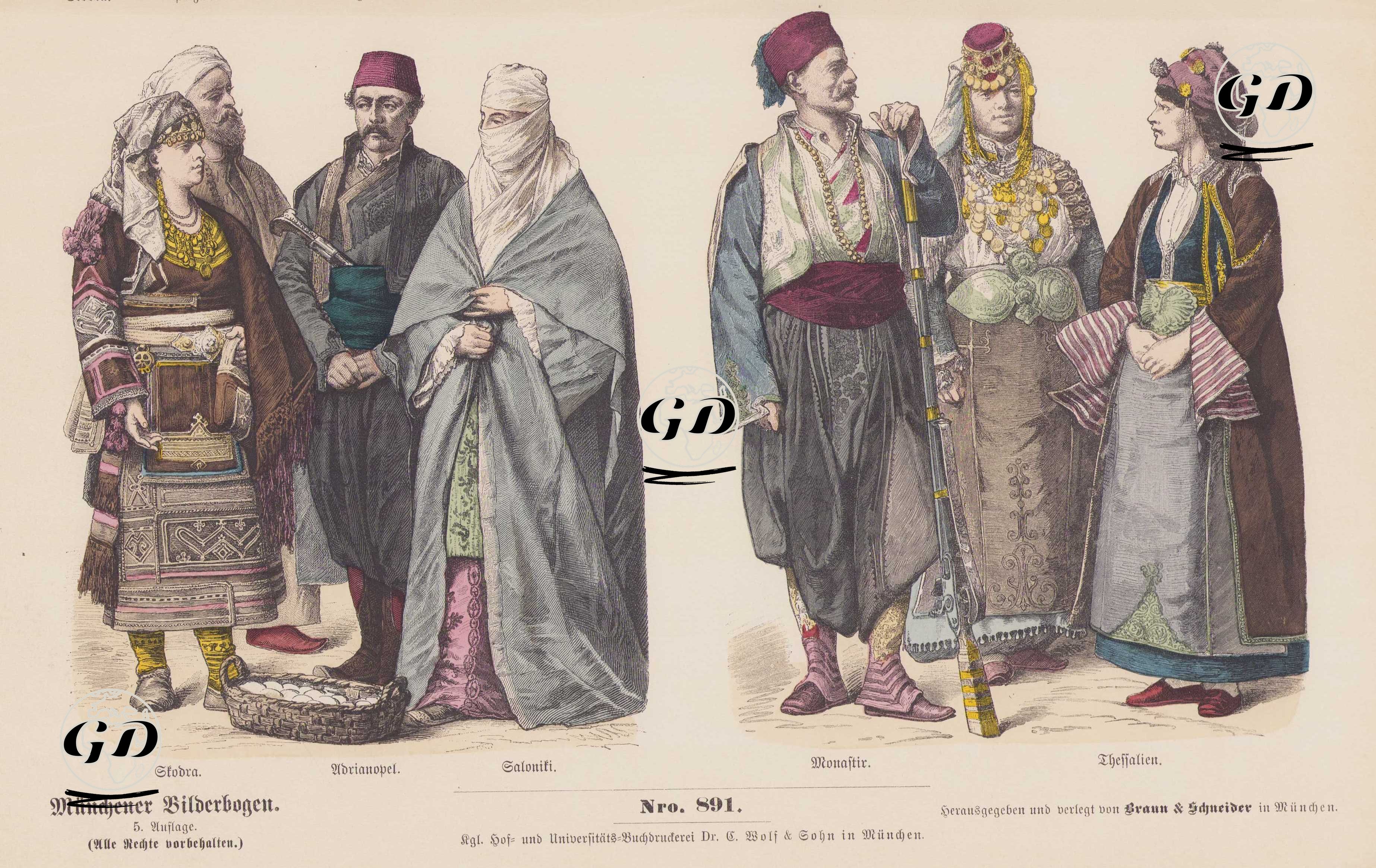 19.Yüzyılın ikinci Yarısında Avrupada ki Türkiye'de Yaşayanların Kostümleri, İşkodralı (Shkodra) Kadın ve Erkek, Edirne'li Erkek, Selanik'li Kadın-Manastır'lı Erkek ve Kadın, Tesalya'lı Kadın -  - 1861-1890's