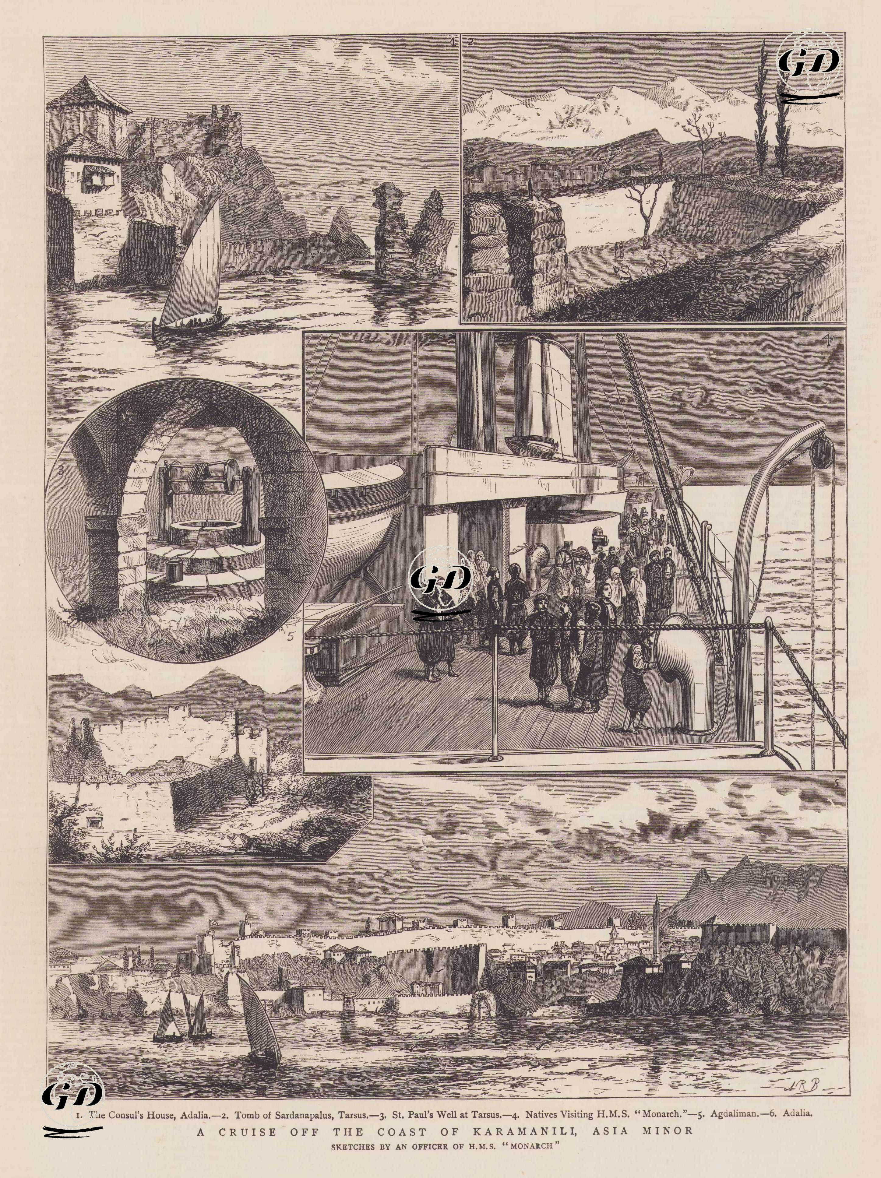 A Cruise Off The Coast Karamanili, Asia Minor 1. The Consuls House, Adalia. 2. Tomb of Sardanapalus, Tarsus. 3. St. Pauls Well at Tarsus. 4. Natives Visiting H.M.S. Monarch. 5. Agdaliman. 6. Adalia -  - 1880