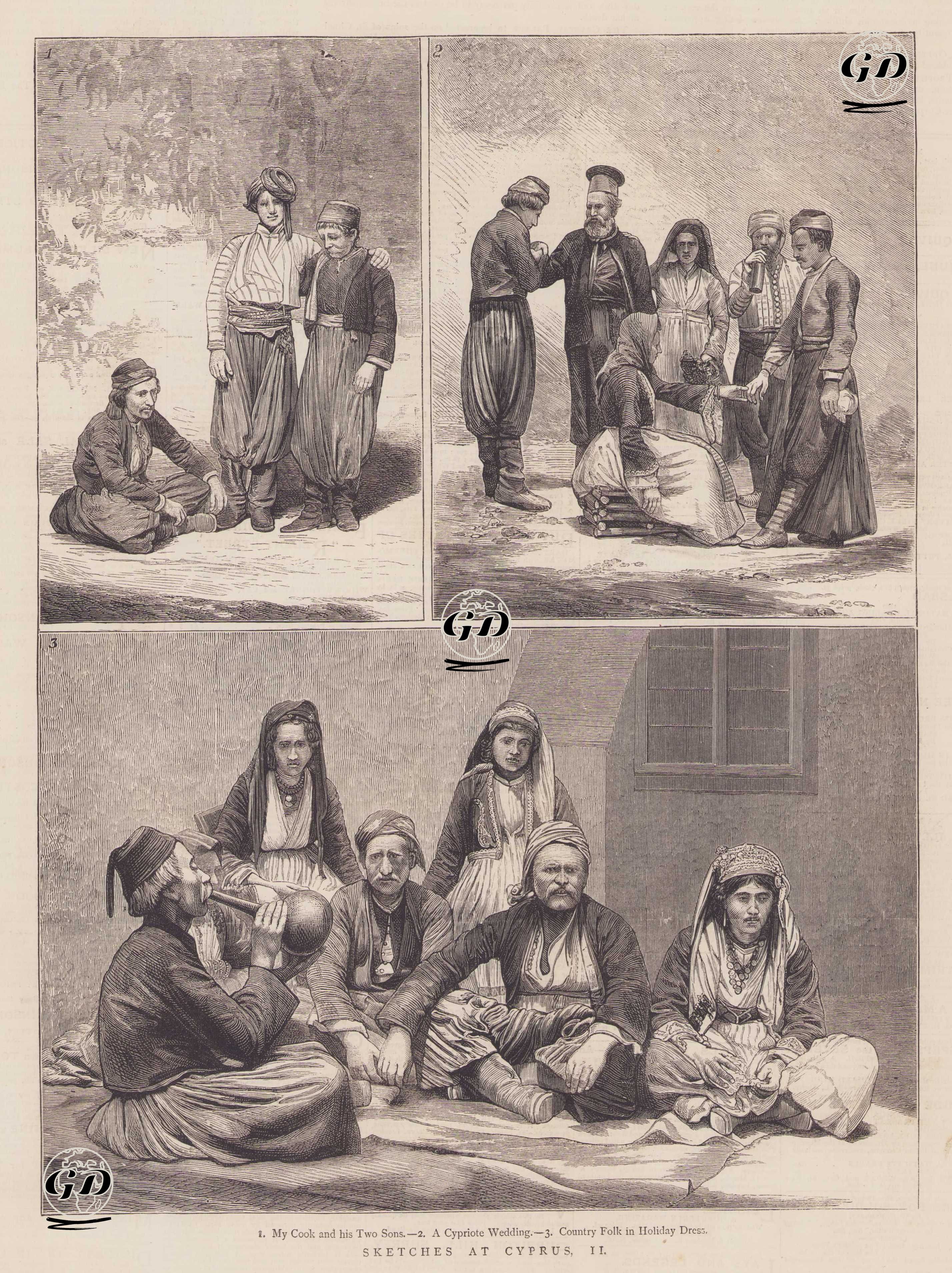 Kıbrıs'tan Çizimler- 1.Aşçı Ve Çocukları 2. Kıbrıs Düğünü 3. Tatil Kıyafetlri ile Kıbrıs Halkı -  - 1880