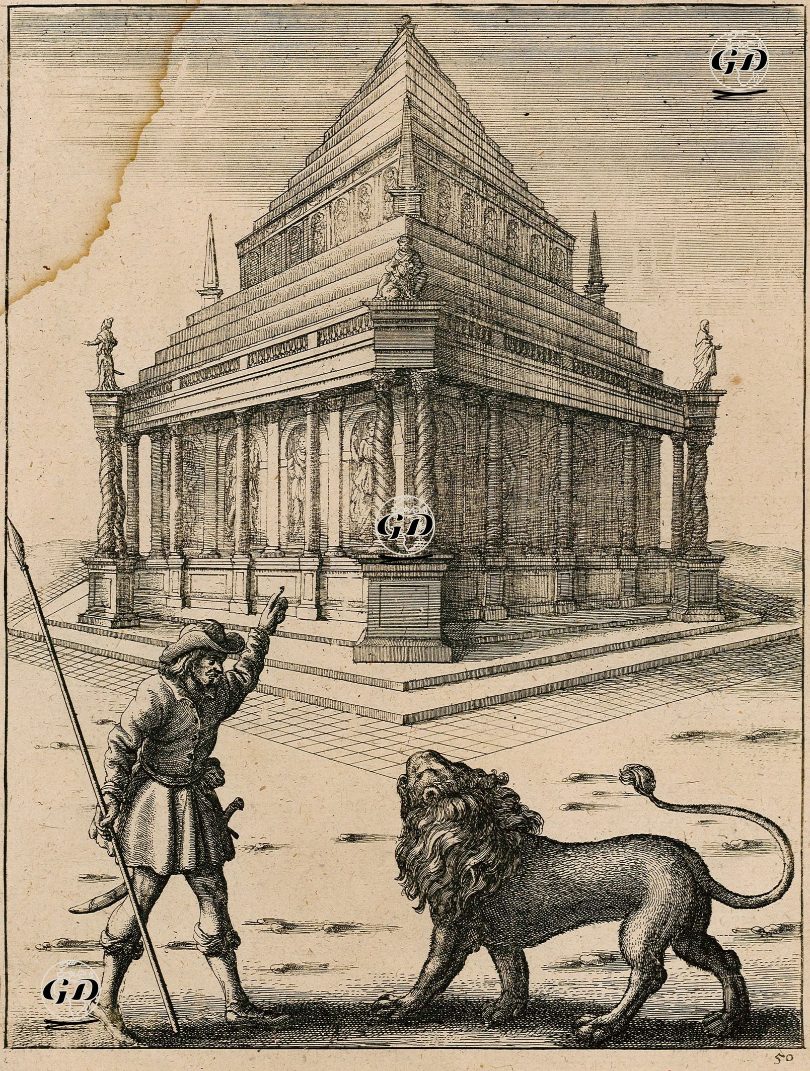 The Lion and The Forester (A Forester Stand With His Spear in His Hand Before a Lion and Points to The Tomb of Mausolus (The Mausoleum at Halicarnassus) and a Statue of a Lion laying its Head in a Man's Lap) (The Fable of Aesop) - Franz Cleyn (1582-1658) - 1665-1668