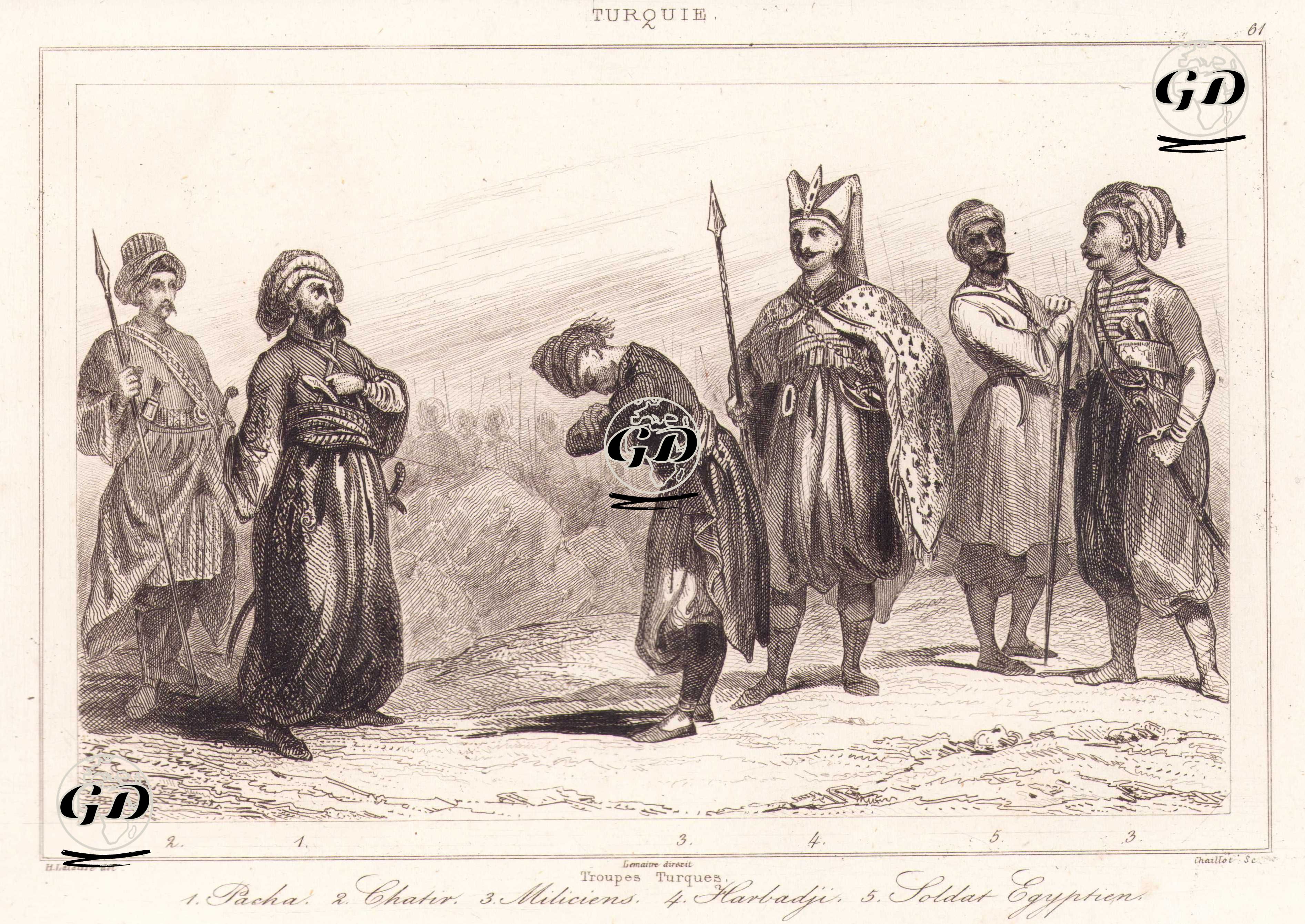 Türk Askerleri, 1.Paşa 2.Şatır 3.Sivil Milis 4.Harbeci (Mızrakçı) 5.Mısırlı Asker - François Hippolyte Lalaisse (1812-1844) - 1840