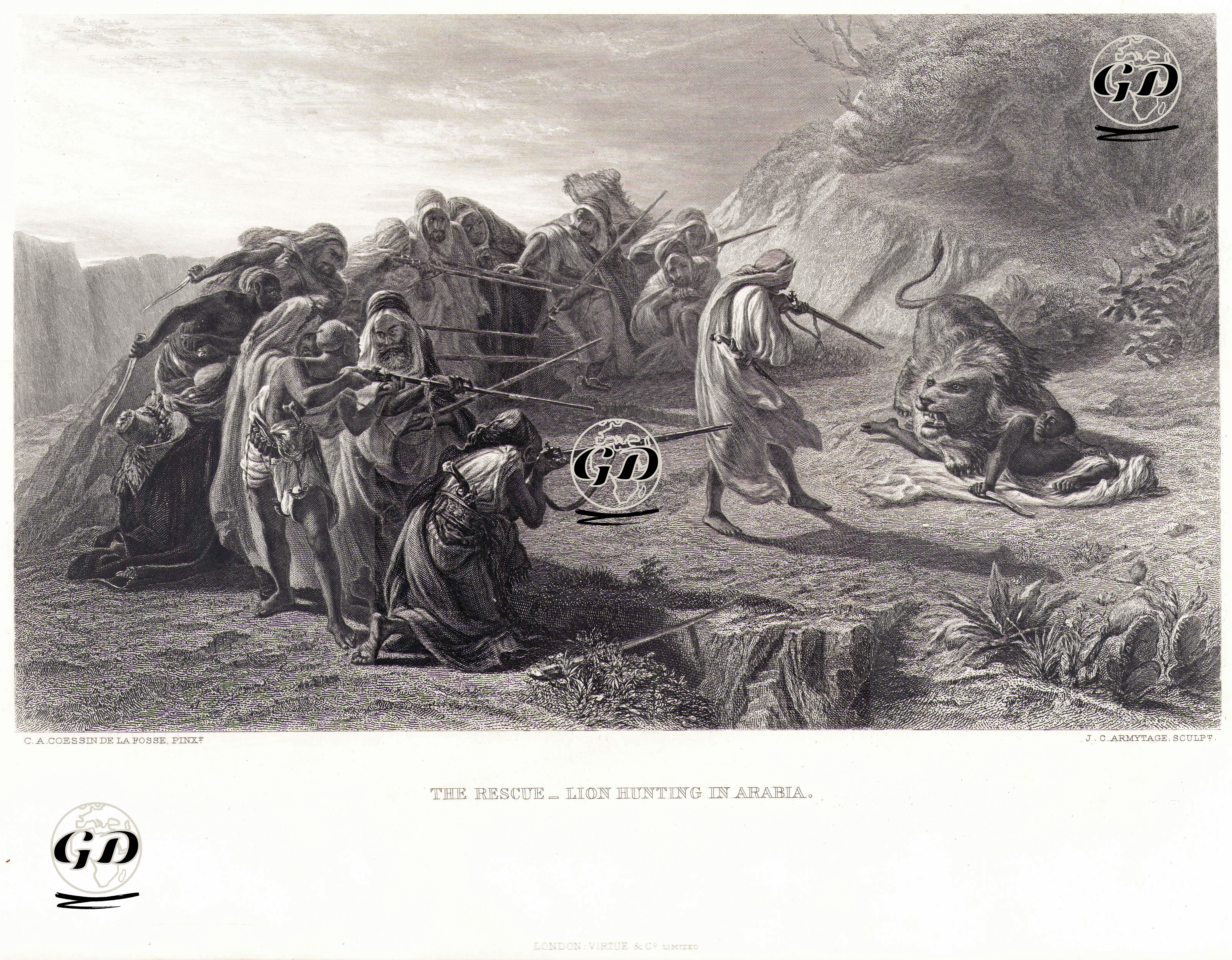The Rescue-Lion Hunting in Arabia  - Charles Alexandre Coessin De La Fosse (1829-1910) - 1878