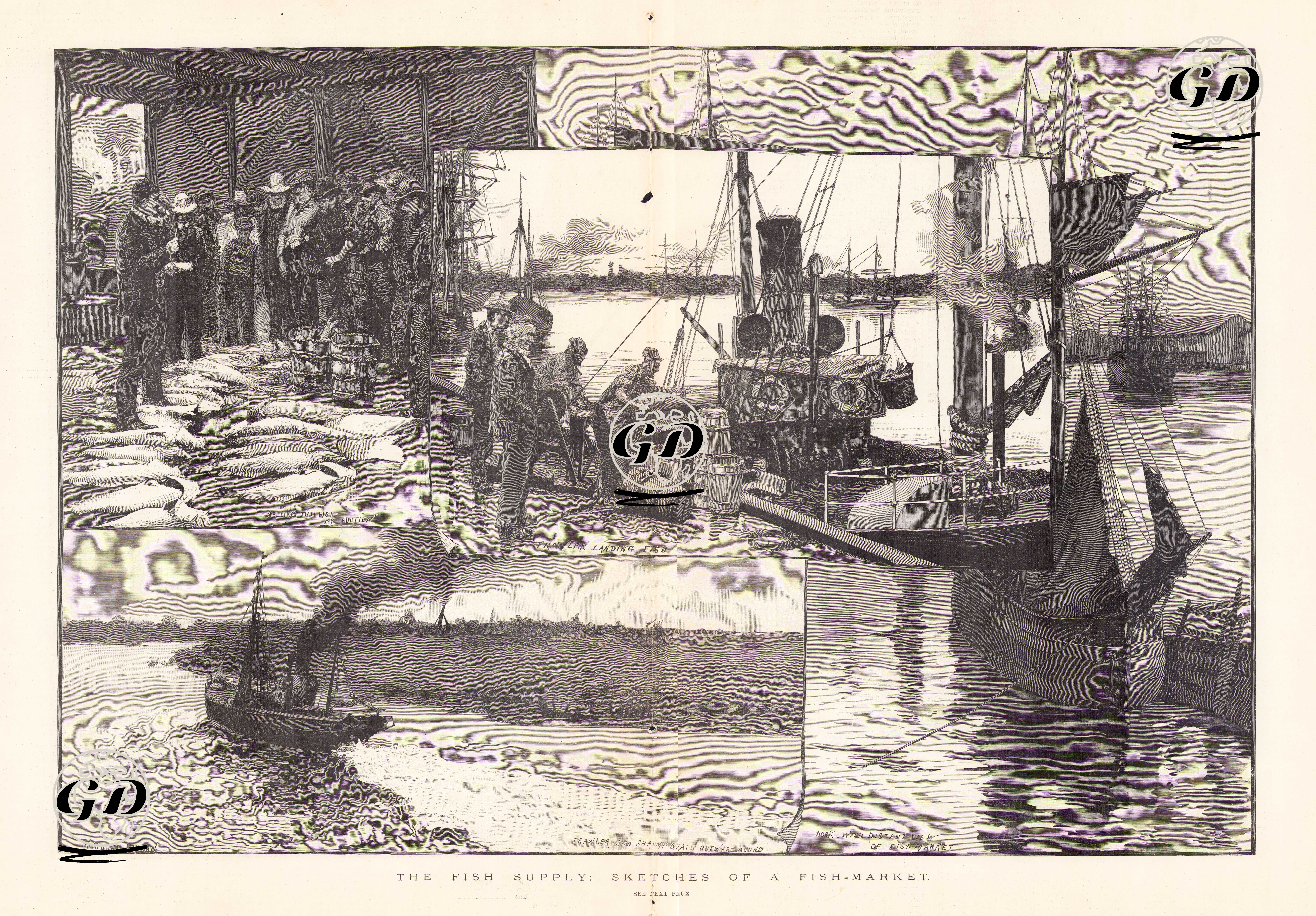 Balık Pazarı-Açık Arttırma İle Balık Satışı, Trol Teknesinden Balıkların İndirilişi, Karides Teknesinin Ava Çıkışı, 
İngiltere Lincolnshire'de Rıhtım ve Balık Pazarının Görüntüsü - William Mouat Loudan (1868-1925) - 1890