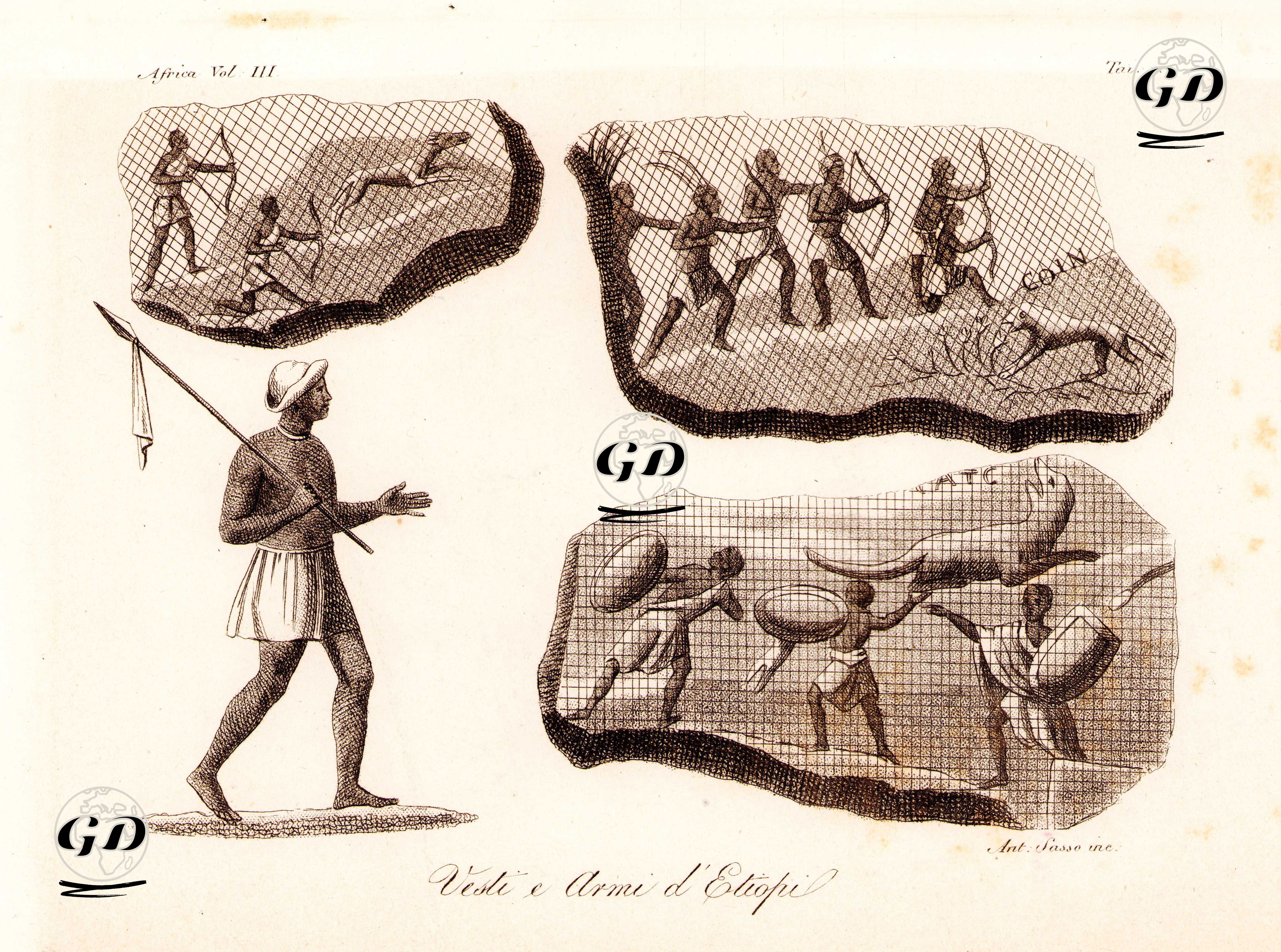 Vesti A Armi D'Etiopi, Africa Vol.III. Tav.1. (Animal Hunting and Weapons of Ethiopians) -  - 1820's-1840's