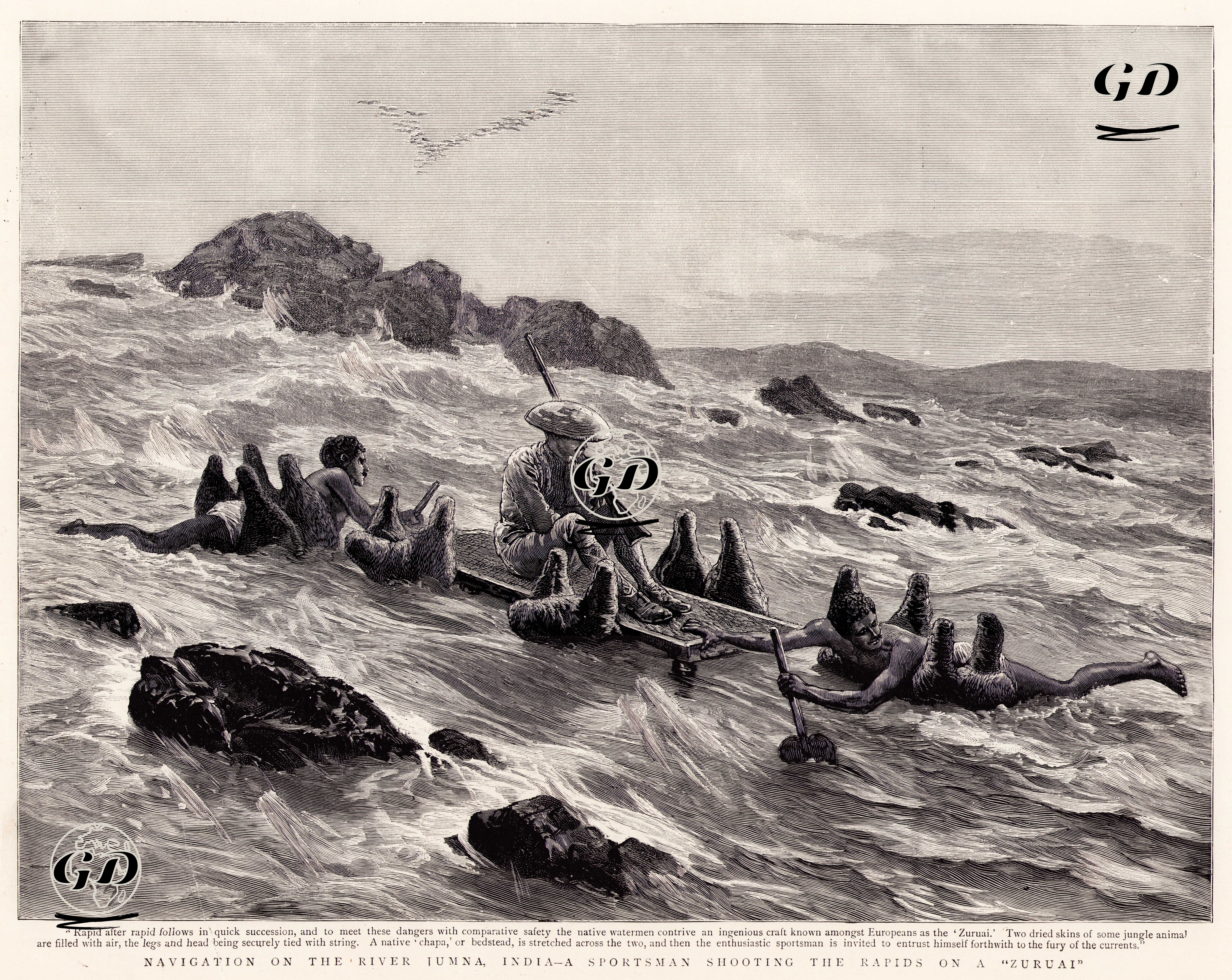 Navigation On The River Jumna, A Sportsman Shooting The Rapids On a Zuruai  - Joseph Nash (1809-1878) - 1893