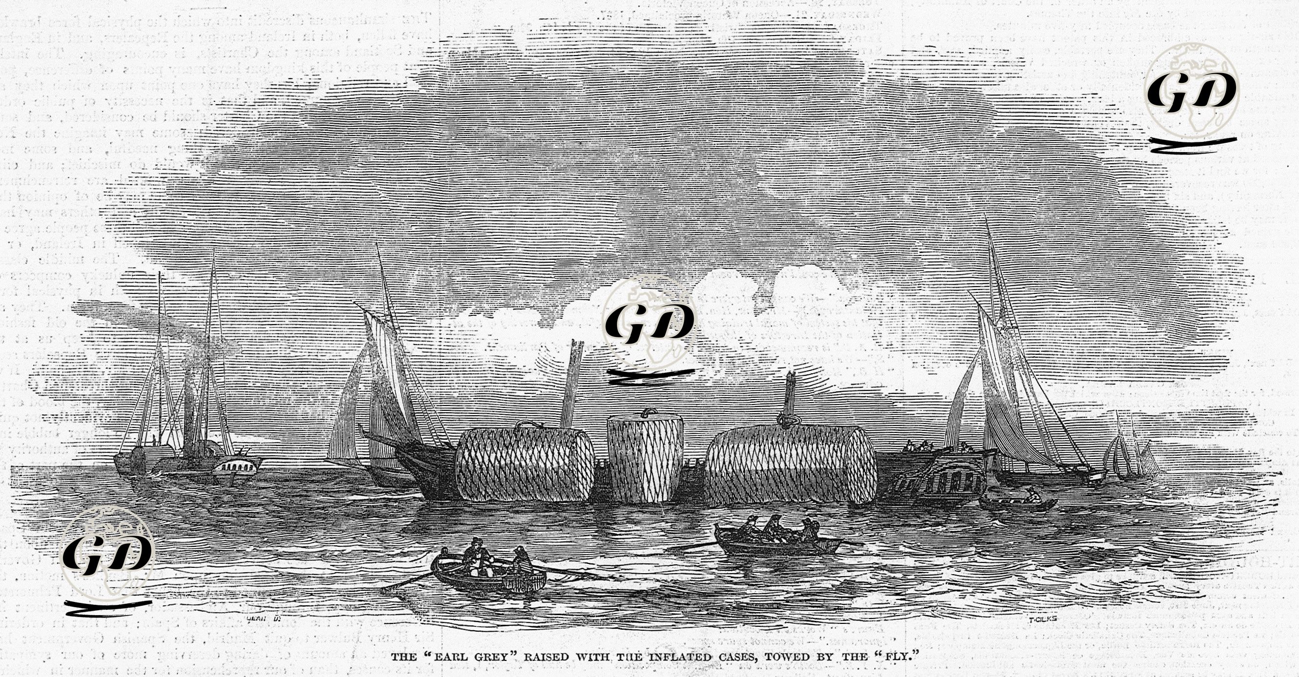 "Fly" İsimli Gemi Tarafından Çekilen ve Şişirilmiş Dubalarla Denizin Üstünde Duran "Early Gey" Gemisi -  - 1848