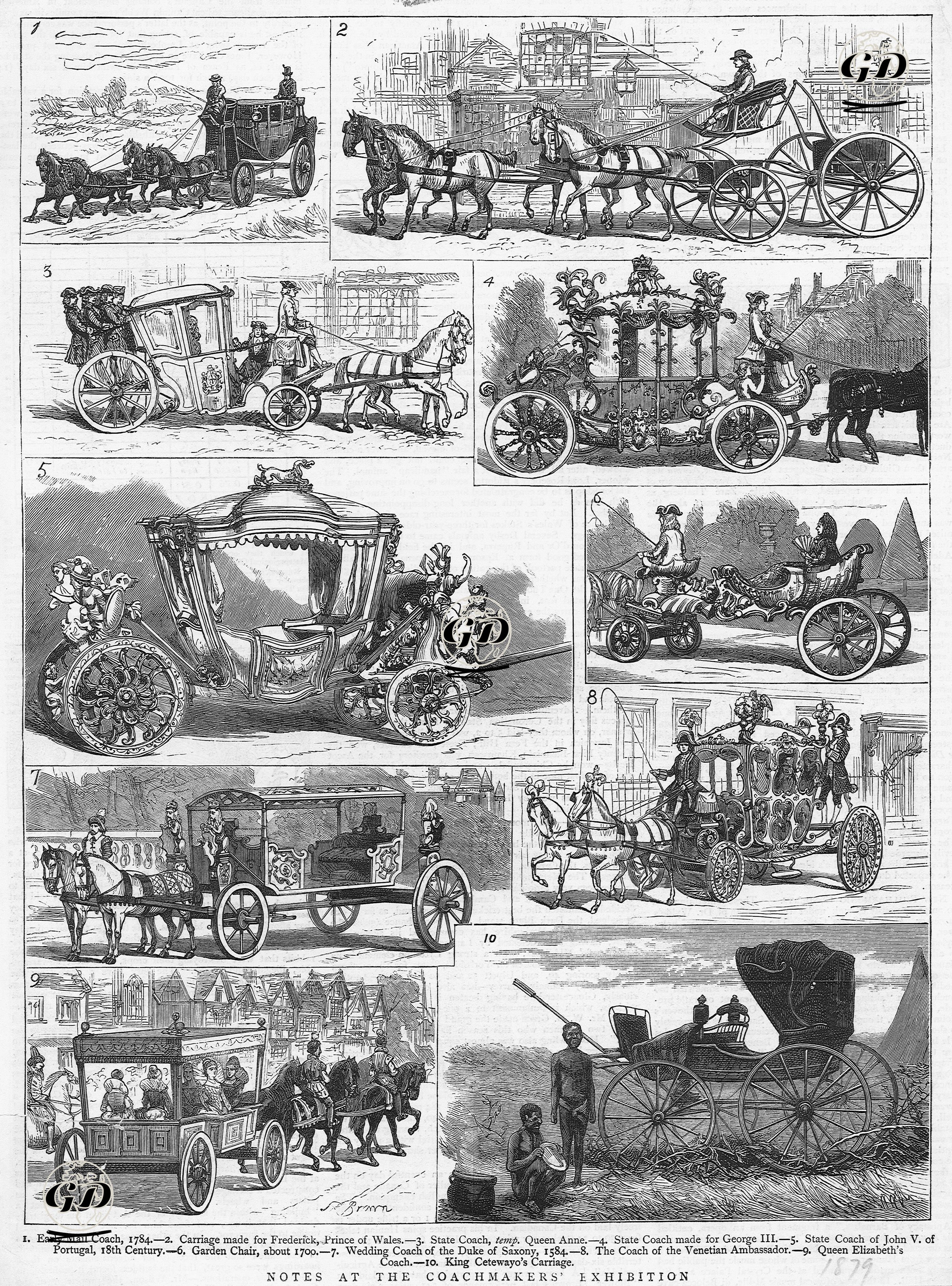 Araba İmal Edenlerin Sergisinden-1. 1784 Yılında Posta Arabası 2.Galler Prensi Frederick İçin Yapılmış Araba 3.Kraiçe Anne İçin Devlet Arabası 4.Kral George III. İçin Yapılmış Devlet Arabası 5. 18. Yüzyılda Portekiz Kralı V.John'un Devlet Arabası 6. 1700'lü Yıllarda Bahçe Arabası 7.Saxony Dükünün Düğün Arabası 8.Venedik Büyükelçisinin Arabası 9.Kraliçe Elizabeth'in Arabası 10.Zulu Kralı Cetewayo'nun Arabası  -  - 1879