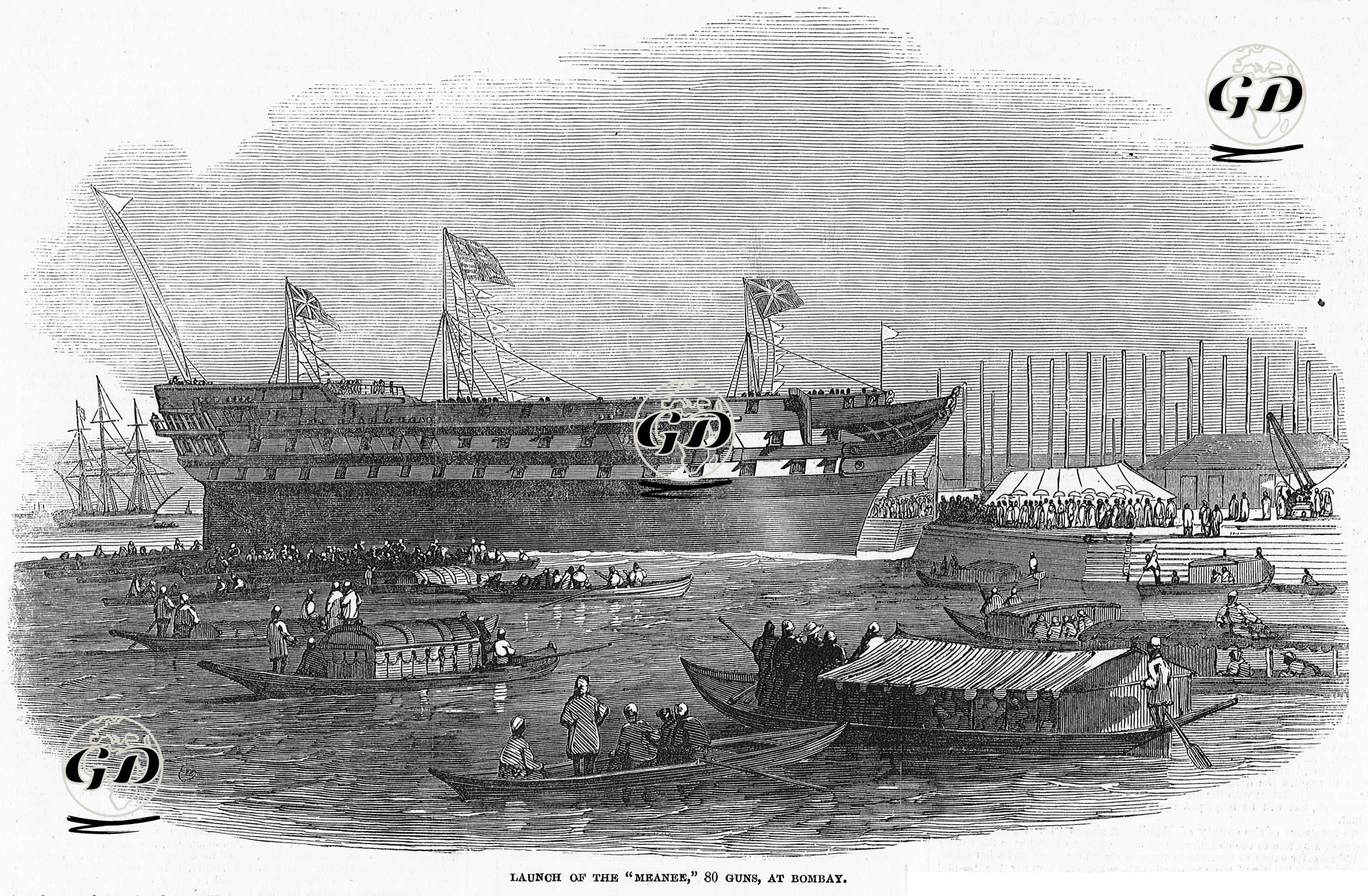 80 Topu Bulunan "Meanee" İsimli İngiliz Savaş Gemisinin Bombay'da Denize İndirilişi -  - 1849