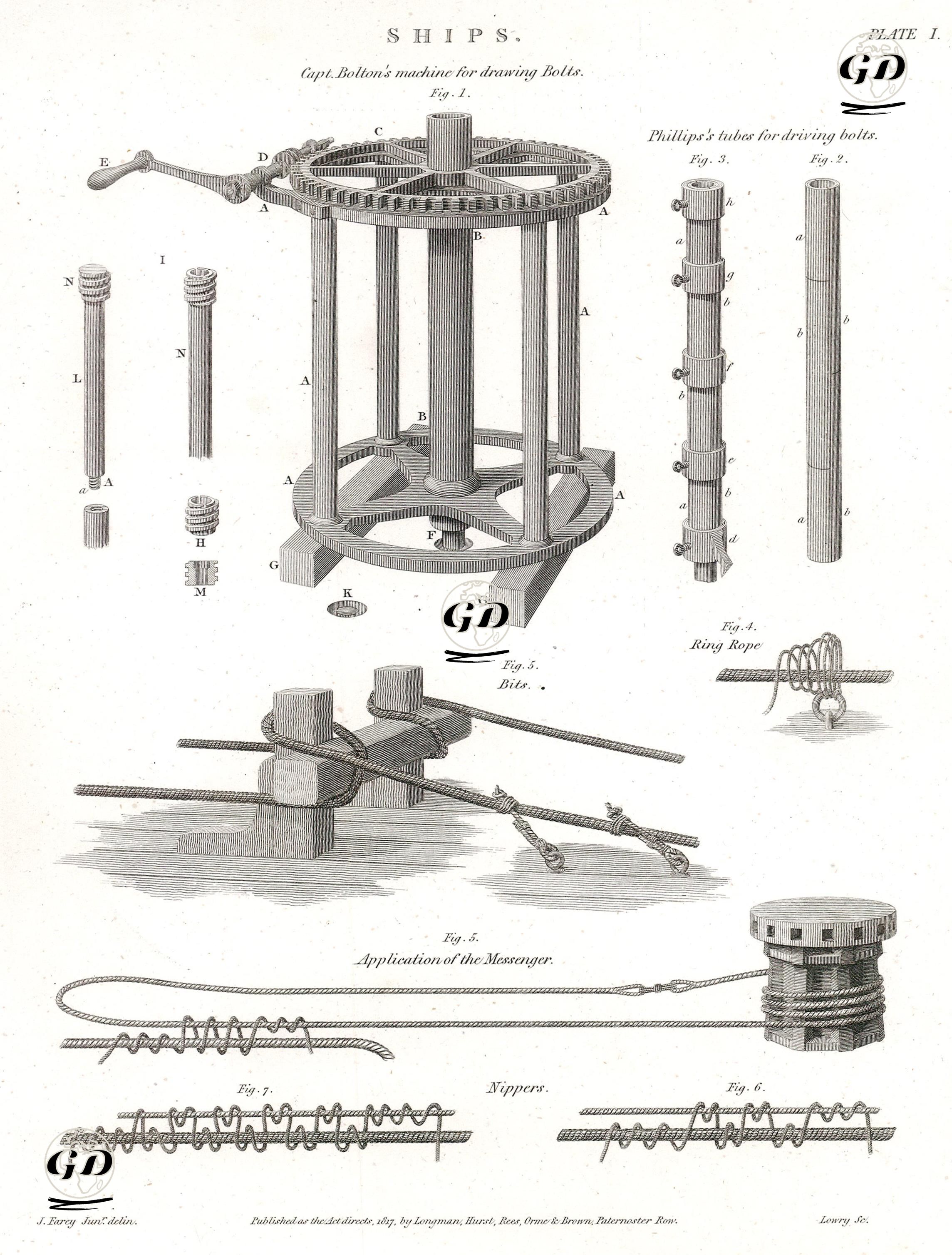 Gemiler,Kaptan William Bolton'un Civataları Çekmek İçin İcat Ettiği Makine ve Gemicilikle İlgili Aletler,  Plate I. - John Farey (1791-1851) - 1817
