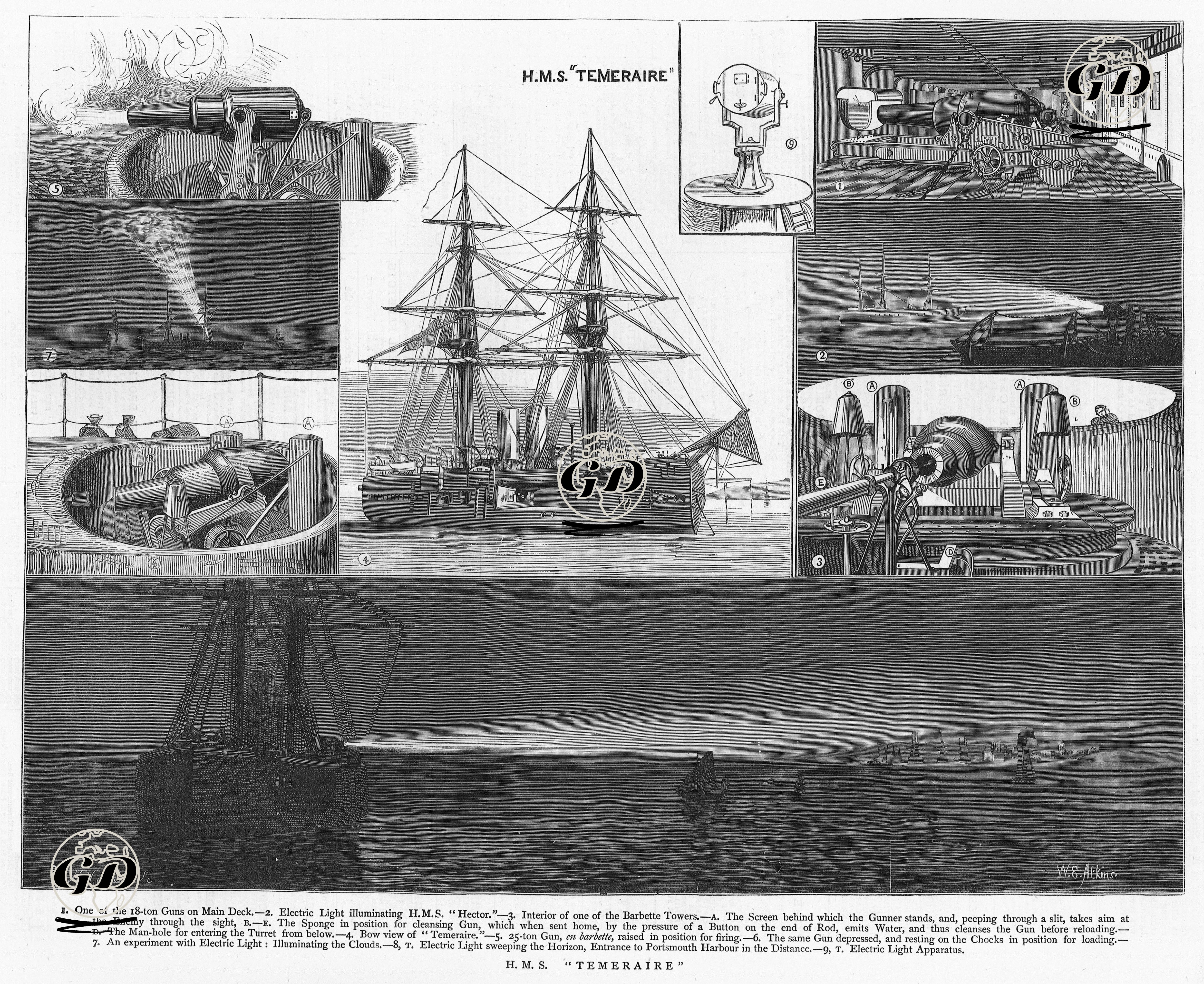 "Temeraire" İsimli İngiliz Savaş Gemisi-1.Güvertedeki 18 Tonluk Toplarından Biri 2."Hector" İsimli Gemiyi Aydınlatırken 3.Top Bulunan Hücrelerinin Yapısı 4.Geminin Baş(Pruva) Görüntüsü 5.6.25 Tonluk Topun 7.Gemi Işıkları İle Bulutların Aydınlatılması 8.9.Geminin Işıkları -  - 1877