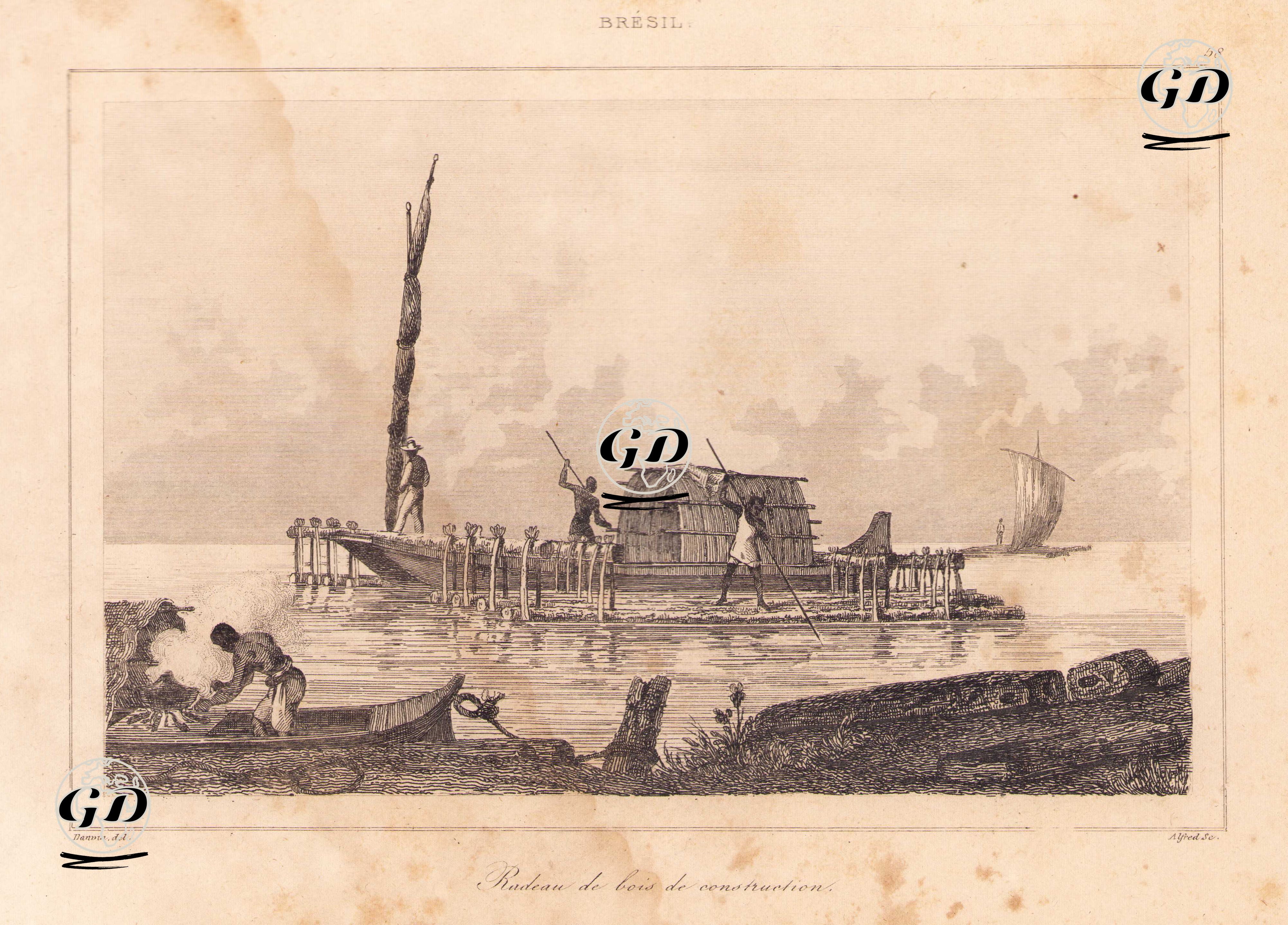 Brezilya'da Ahşap Nehir Salı Yapımı - Victor Felix Danvin (1802-1842) - 1837