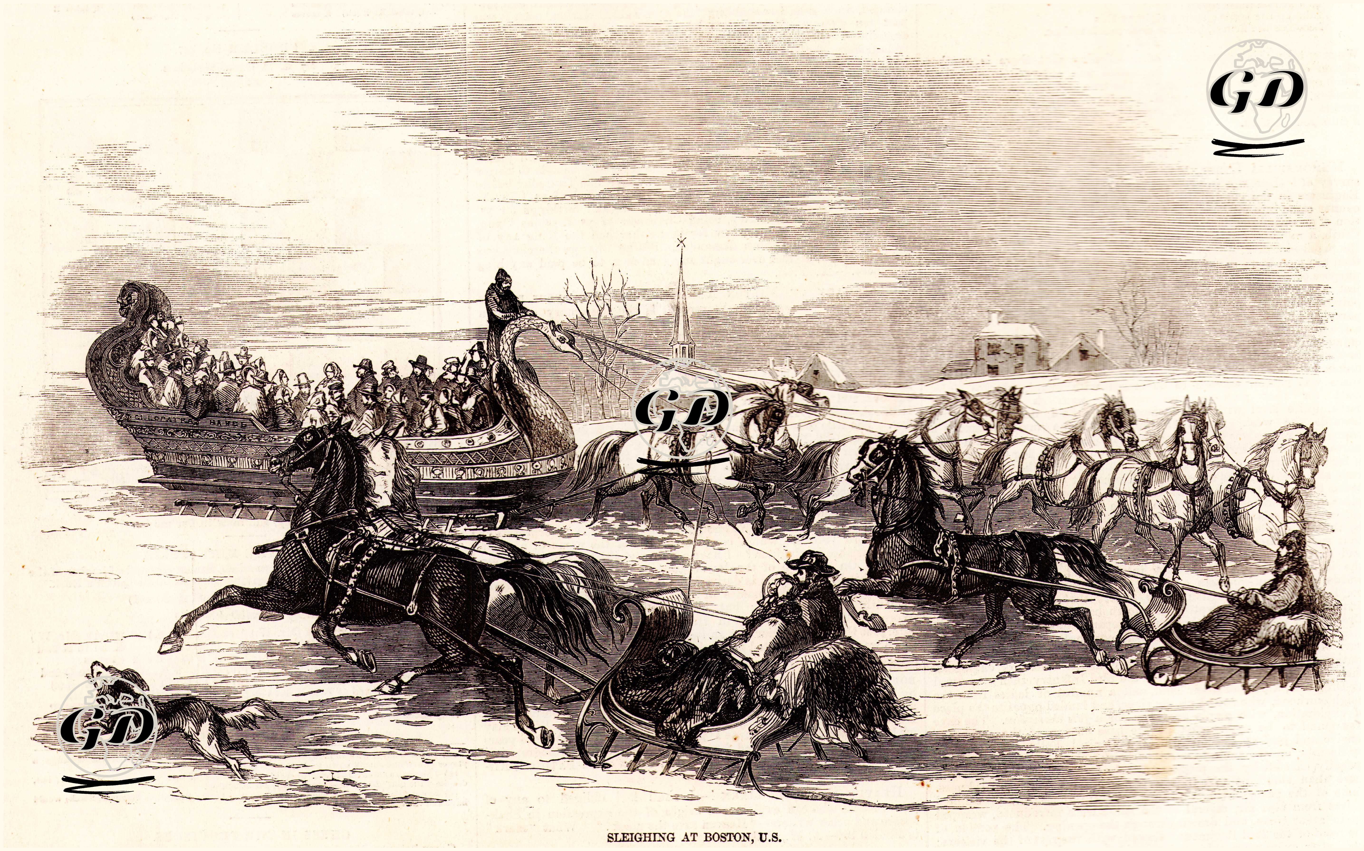 Boston'da Atla Çekilen Yolcu Kızakları -  - 1856