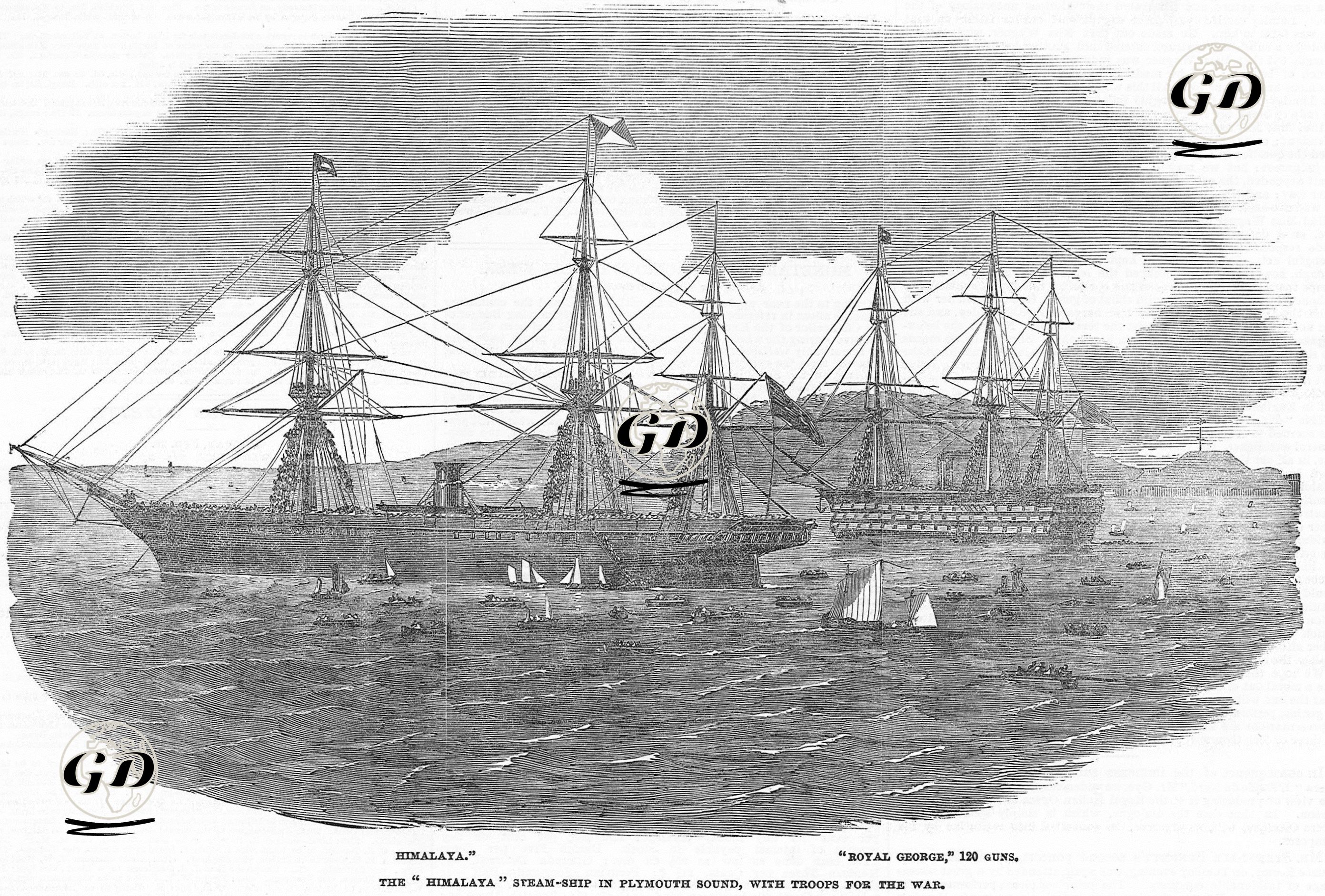 120 Topu ile "Royal George" ve Savaş İçin Silahlandırılmış "Himalaya" İsimli Gemiler Plymouth Sound'da -  - 1854