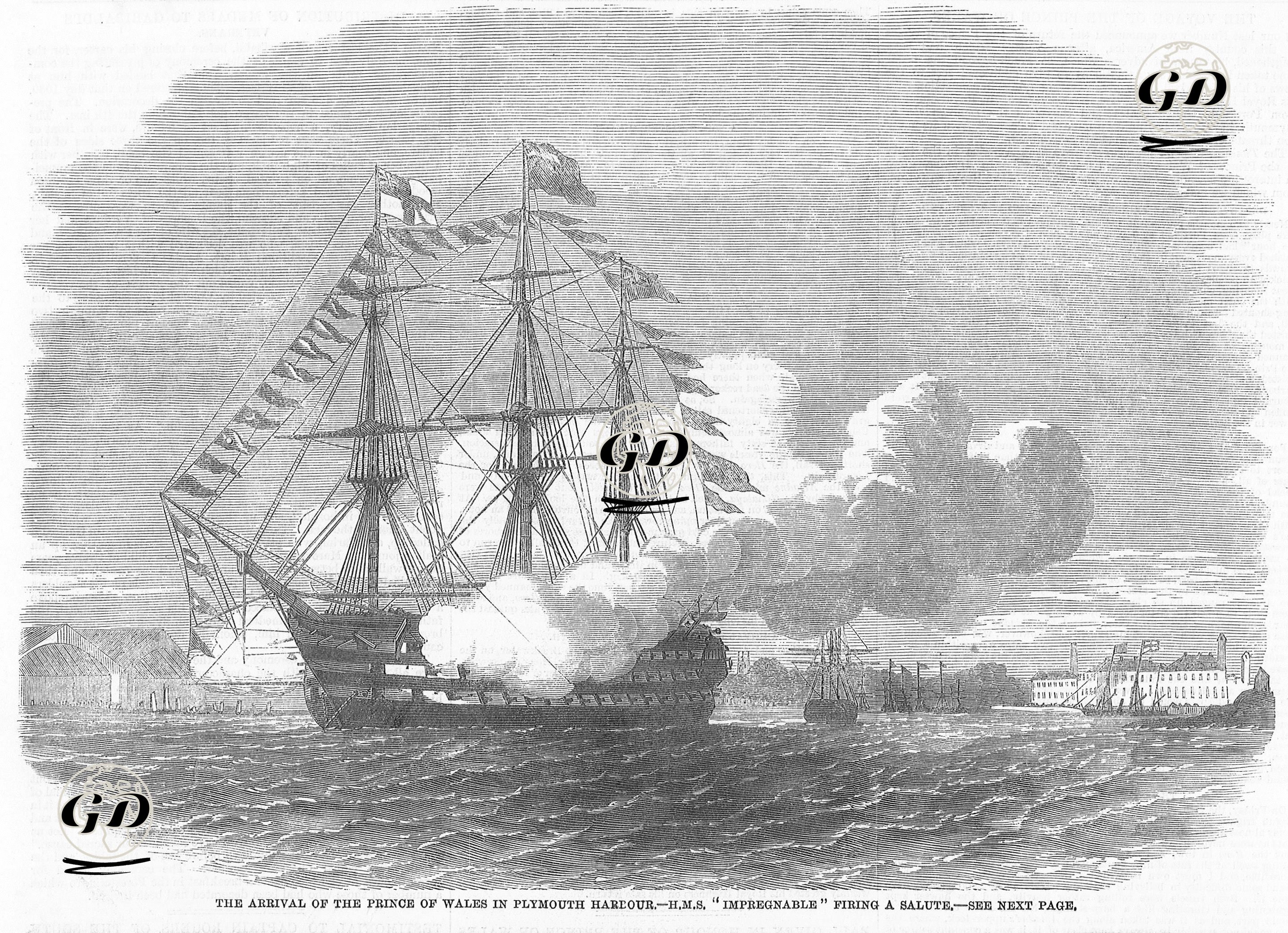 The Arrival Of The Prince Of Wales in Plymouth Harbour, H.M.S. "impregnable" Firing A Salute  -  - 1860