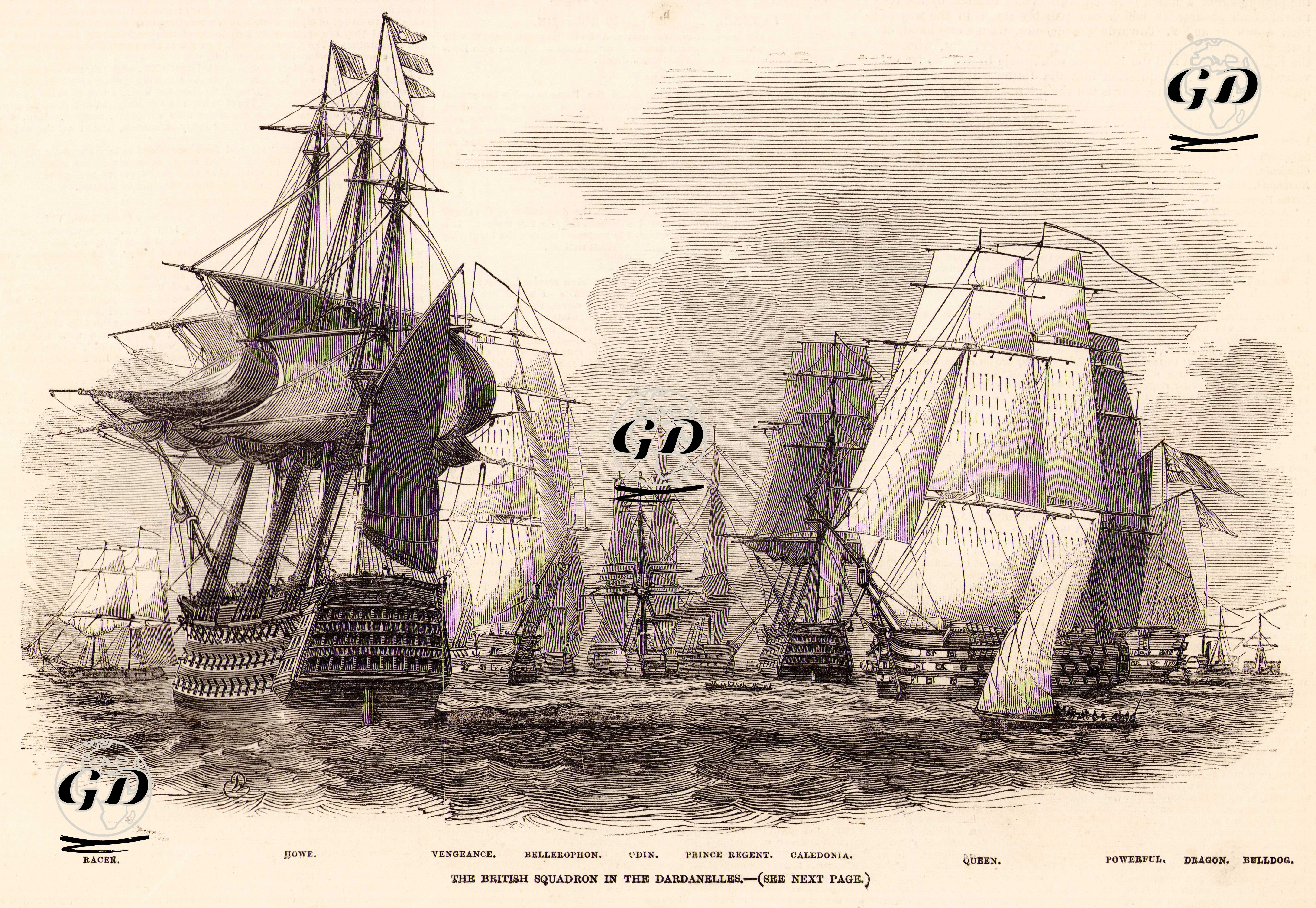 Çanakkale Boğazındaki İngiliz Filosu,  "Racer", "Howe", "Vengeance", "Bellerophon", "Odin", "Prince Regent", "Caledonia", "Queen", "Powerful", "Dragon" 
ve  "Bulldog" İsimli Gemiler -  - 1849