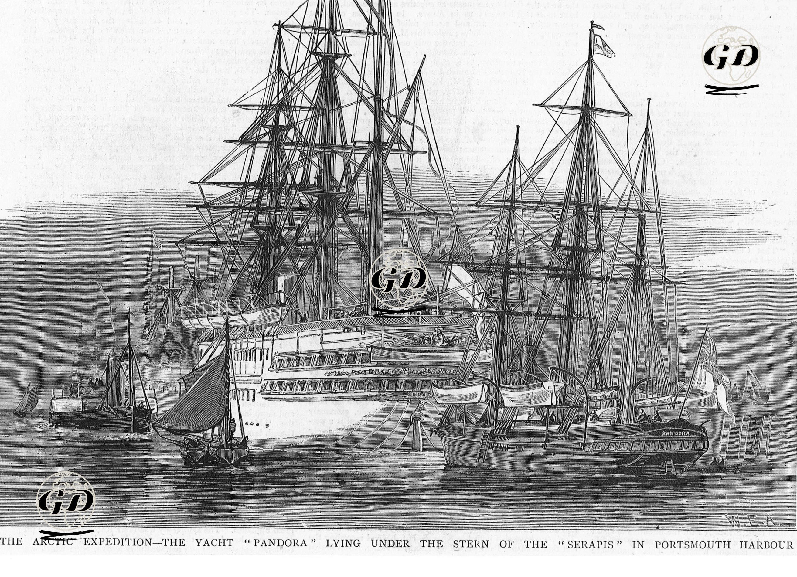 Portsmouth Limanında Kuzey Kutbu Seferi Yapacak Olan "Pandora" Yatı "Serapis" Gemisinin Arkasında - W.E.A - 1876