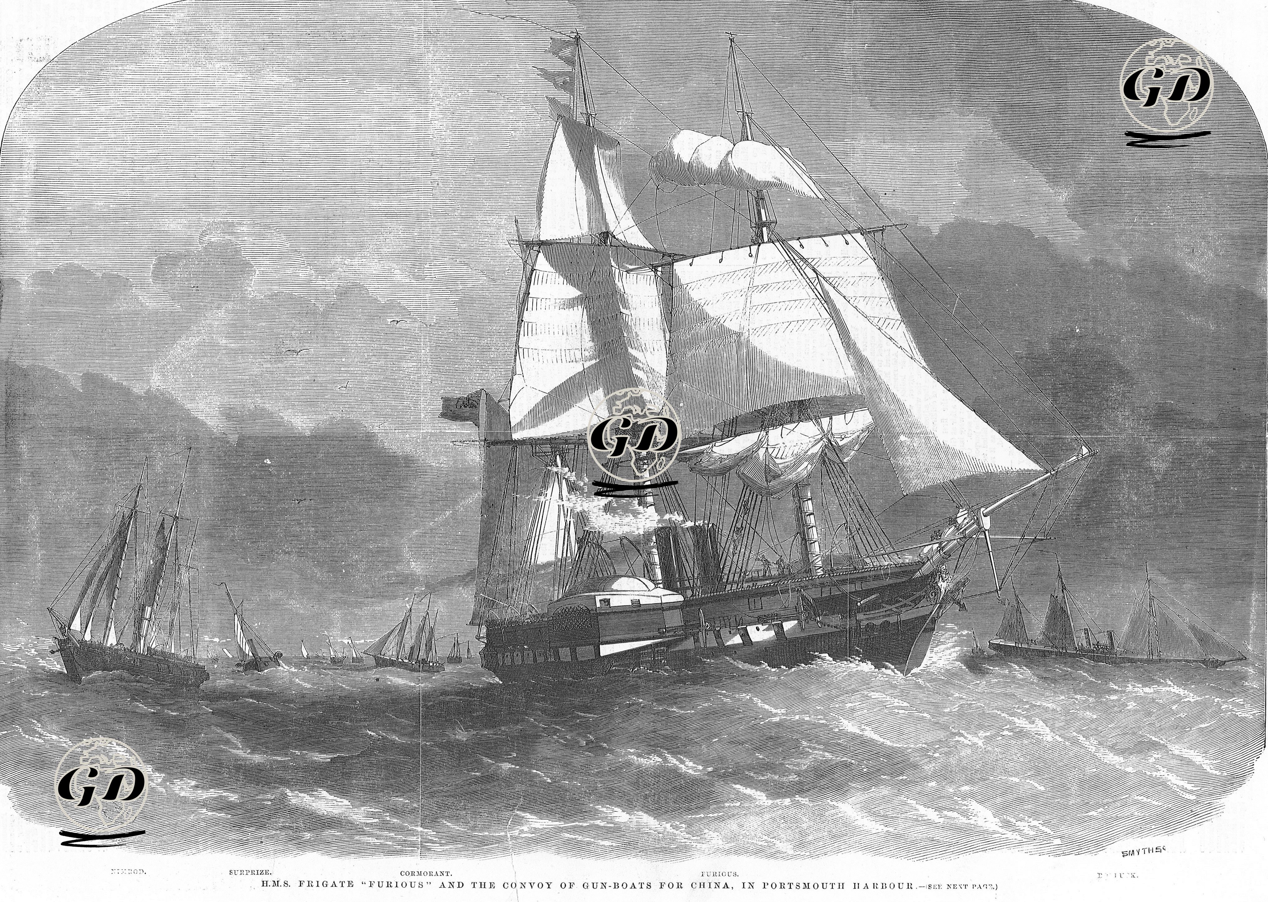 Portsmouth Limanında Çine Gidecek Olan Kraliyet "Furios" Fırkateyni ile "Nimrod", "Surprize", "Cormorant" ve "Roebuck" İsimli Gemiler - Edwin Weedon (1818-1873) - 1857