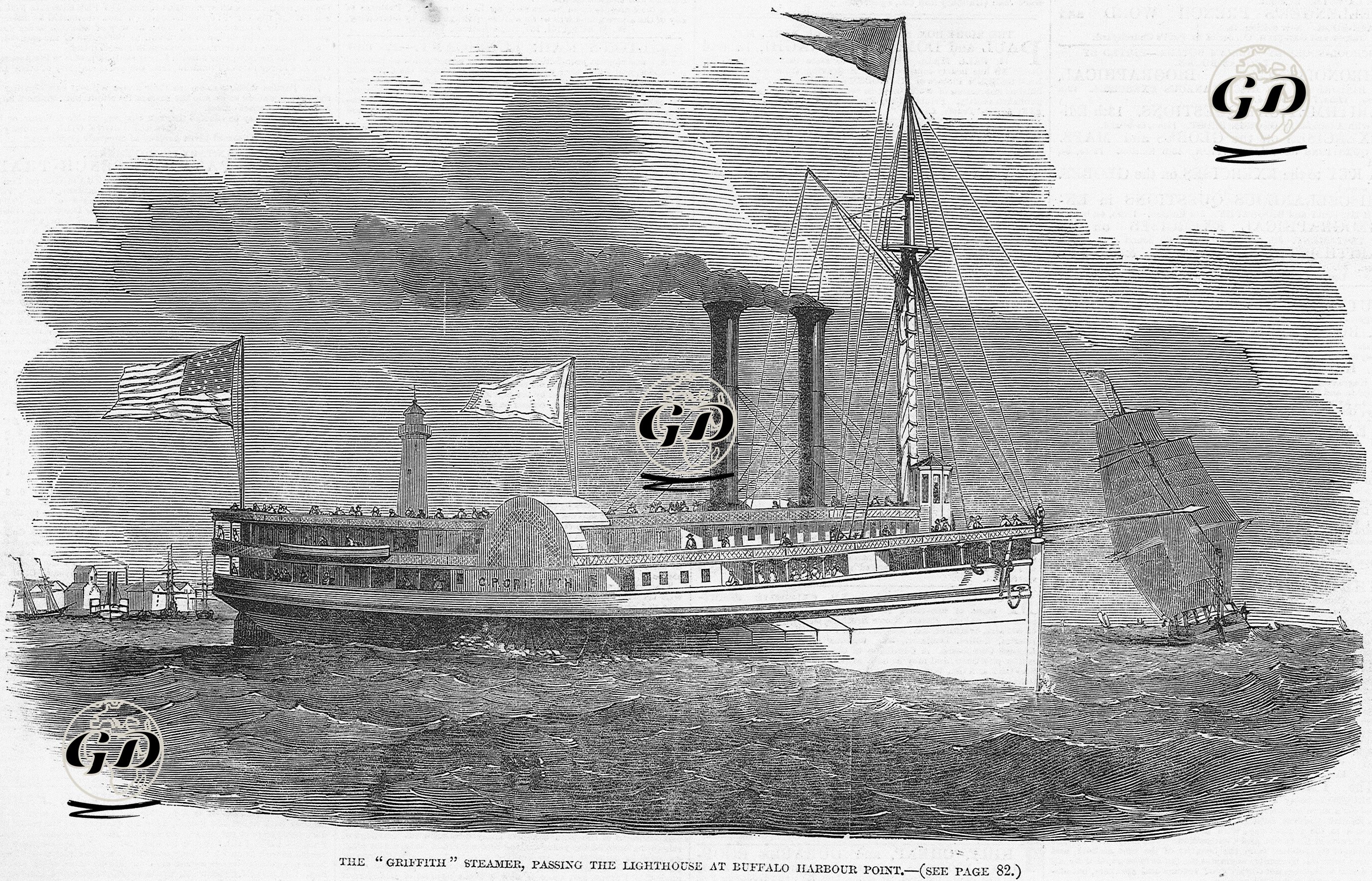 The "Griffith" Steamer Passing The Lighthouse At Buffalo Harbour Point  -  - 1850