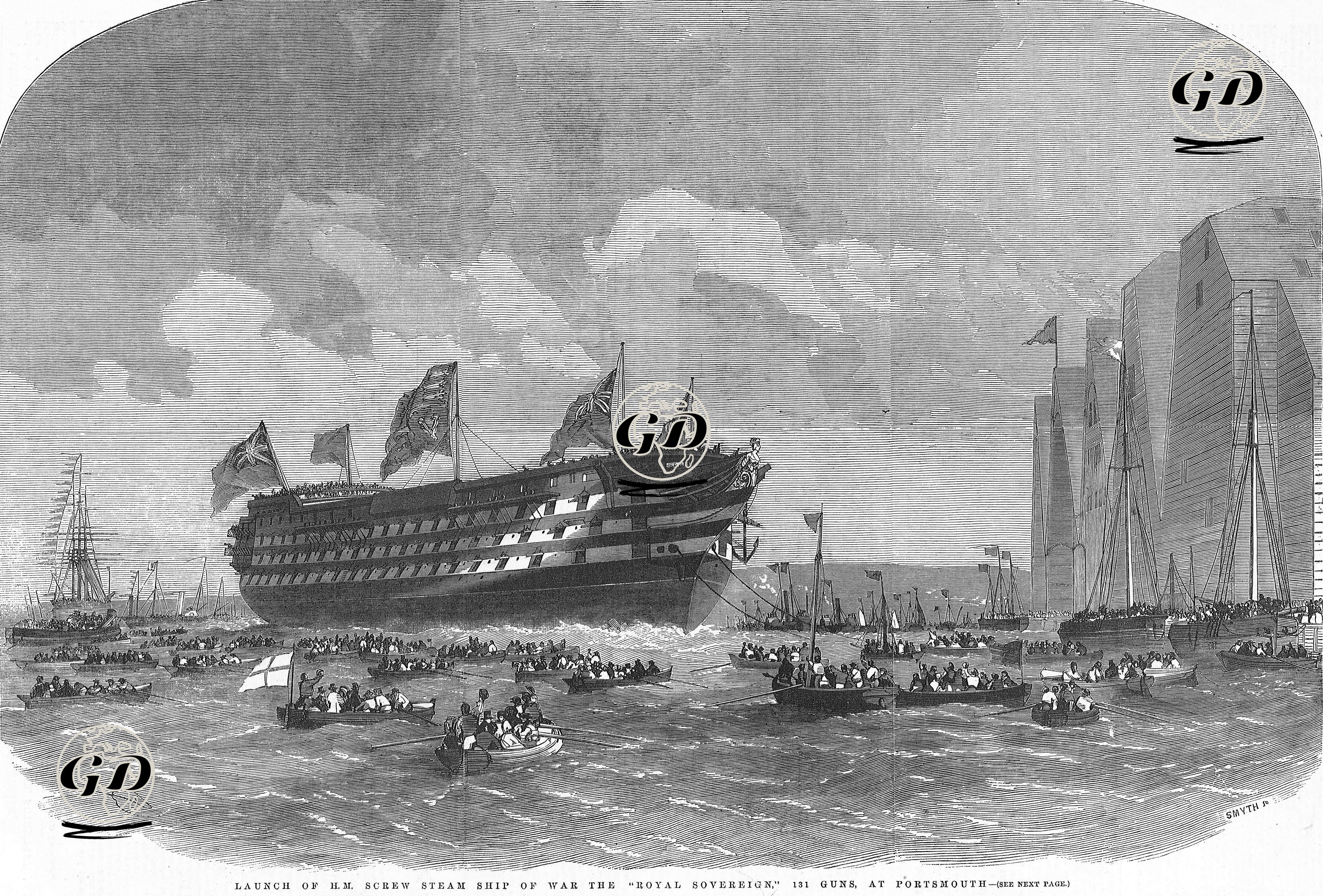 Uskurulu (Pervaneli) Buharlı ve 131 Toplu Savaş Gemisi "Royal Sovereign" Portsmouth'da Denize İndirilişi  - Edwin Weedon (1818-1873) - 1857