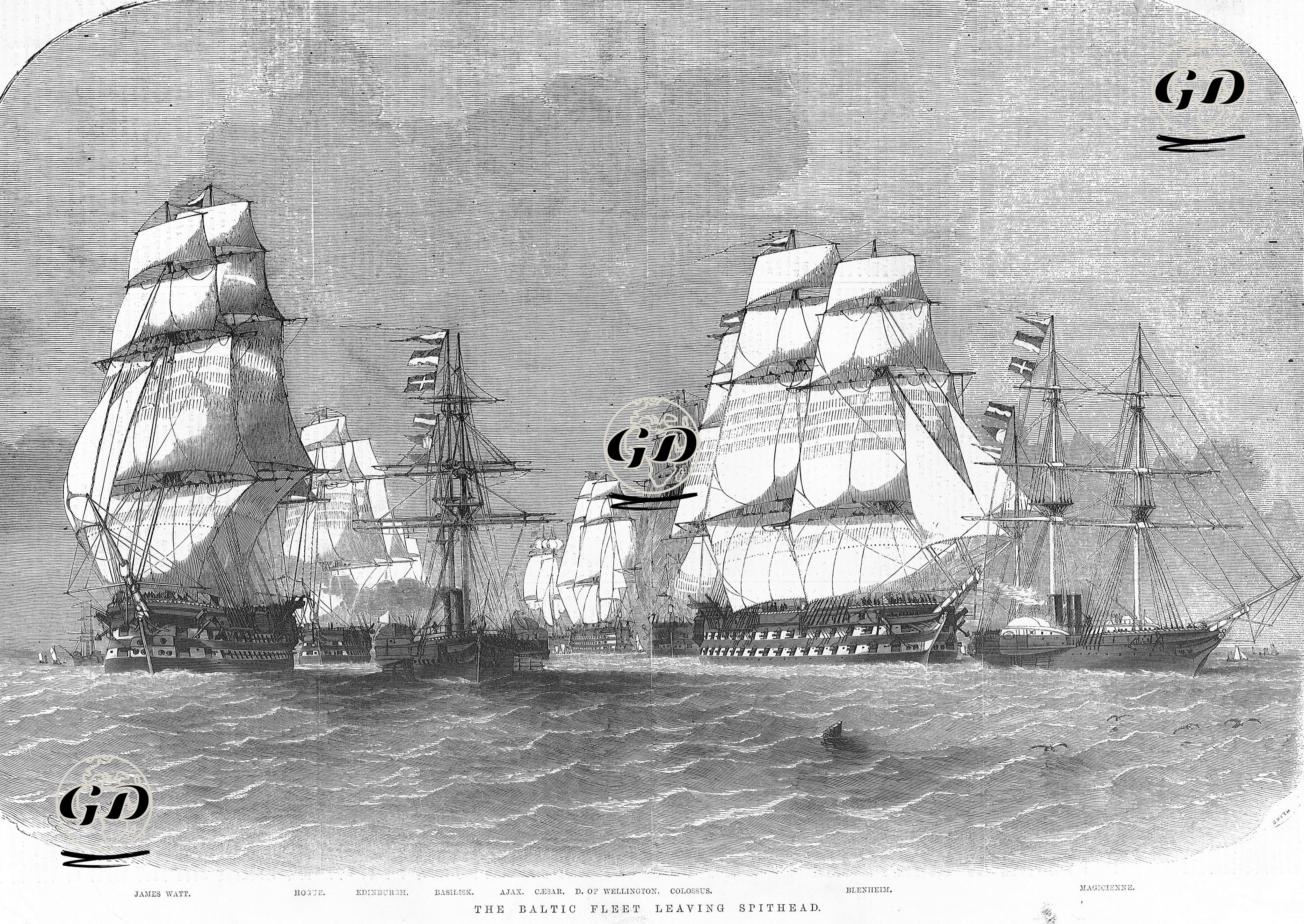  Baltık Donanması Spithead'den Ayrılıyor,  "James Watt", "Hogue", "Edinburgh", "Basilisk", "Ajax", "Caesar", "D.Of Wellington", "Colossus", "Blenheim" ve "Magicienne"  İsimli Gemiler  - Edwin Weedon (1819-1873) - 1855