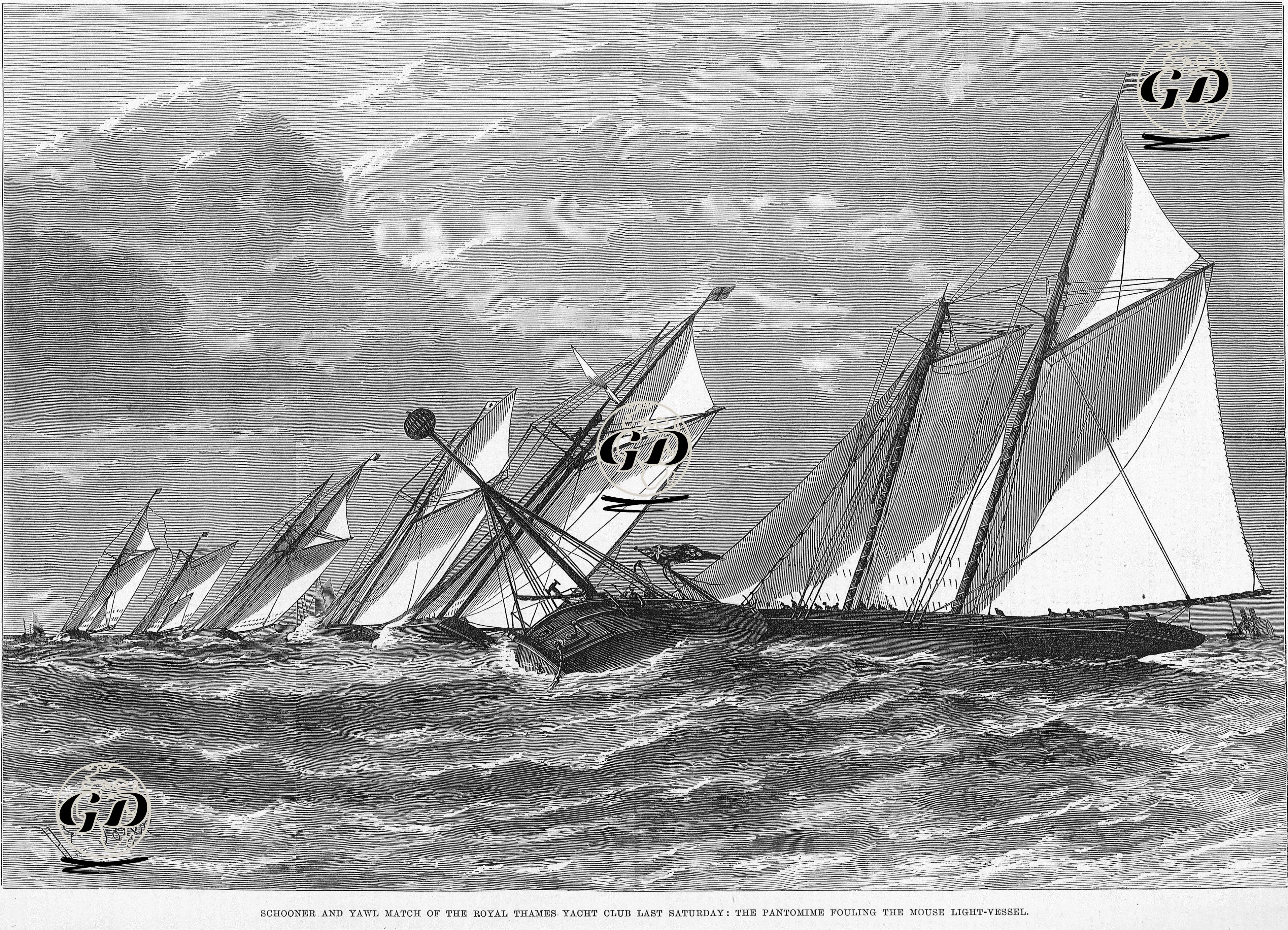 Royal Thames Yat Kulübünün İki Direkli Uskuna Yarışlarında Fener Gemisi tarafından Uyarılan Pantomime Yatı  - H.E.Jager - 1876