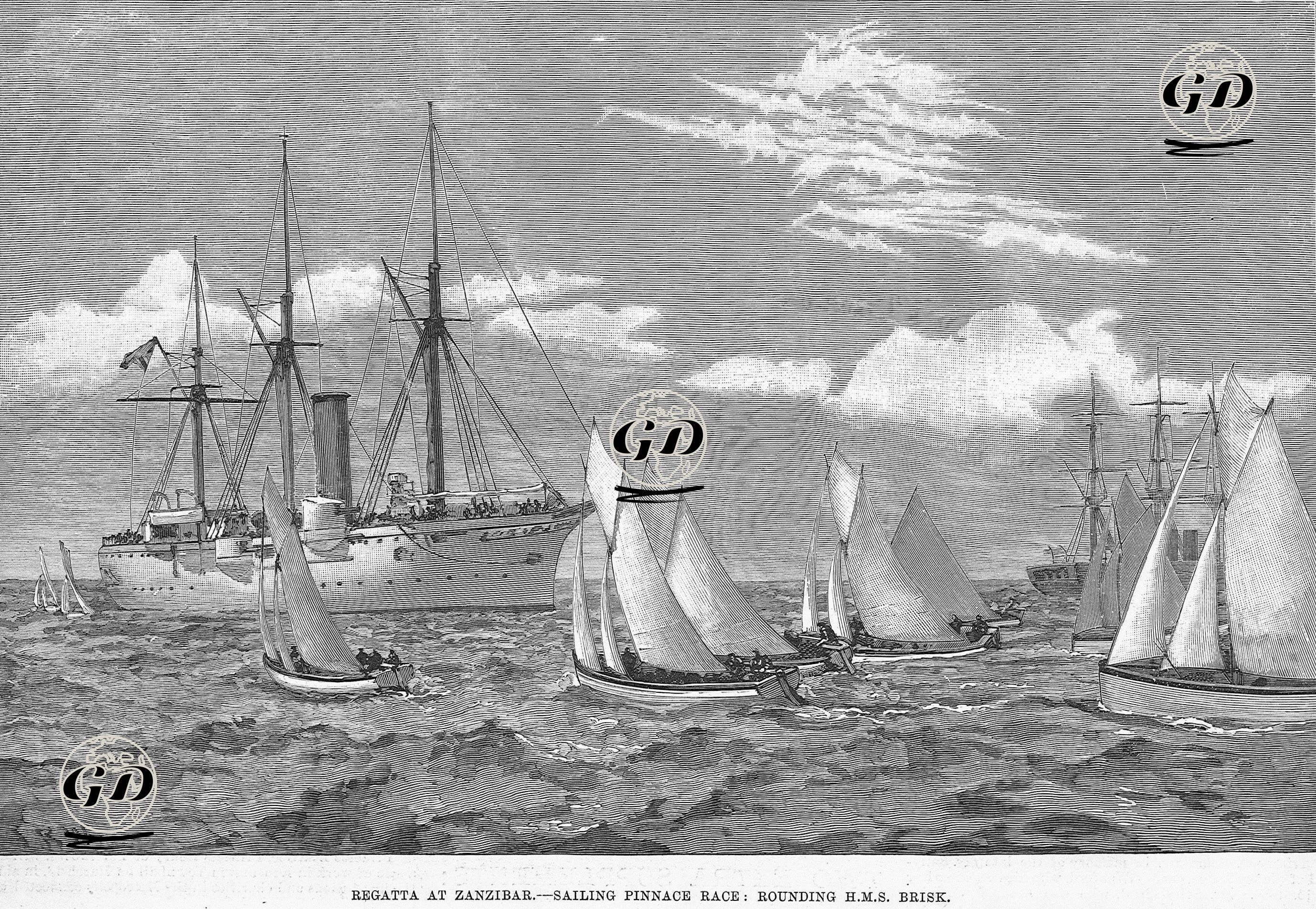 Tanzanya Zanzibar'da İngiliz "Brisk" Gemisinin Etrafında Küçük Yelkenlilerle Yarış  - Josiah Robert Wells (1849-1897) - 1890
