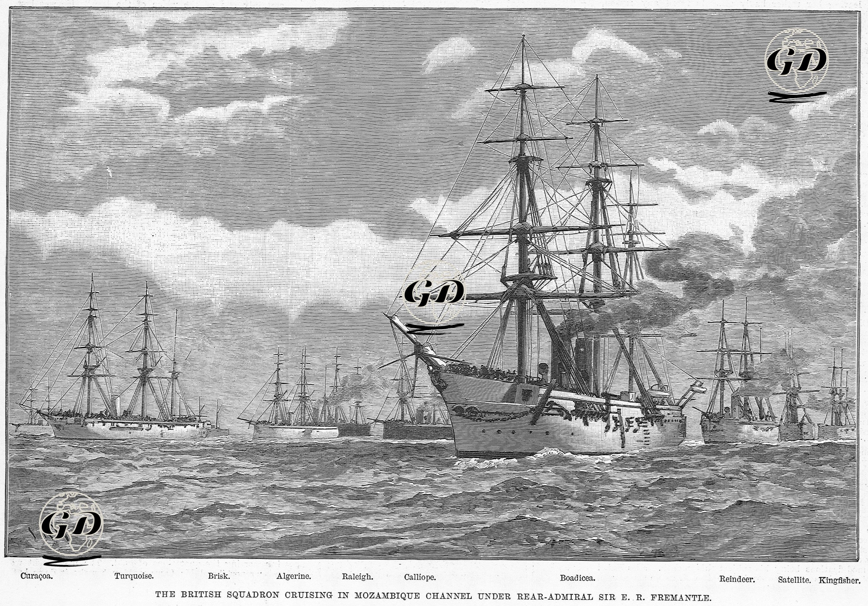 Amiral  E.R. Frementle'nin Kumandası Altında Mozambik Kanalında İlerliyen İngiliz Deniz Filosu, "Curacoa", "Turquoise", "Brisk", "Algerine", "Raleigh", "Calliope", "Boadicea", "Reindeer", "Satellite" ve "Kingfishe" İsimli Gemiler  - Josiah Robert Wells (1849-1897) - 1890