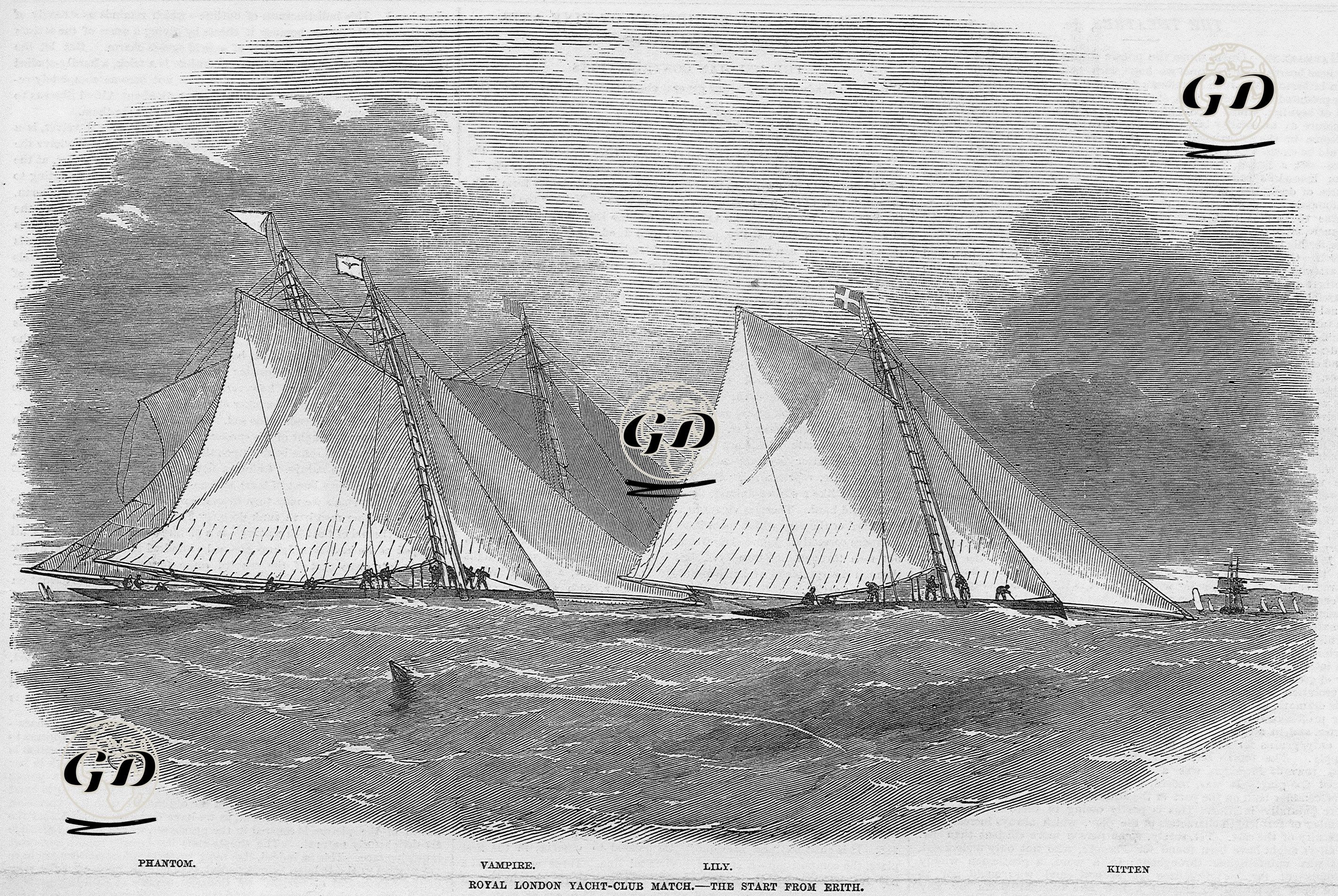 Erith'de Başlayan Londra Kraliyet Yat Kulübü Yarışı, "Phantom", "Vampire", "Lily" ve "Kitten" - Edwin Weedon (1818-1873) - 1855