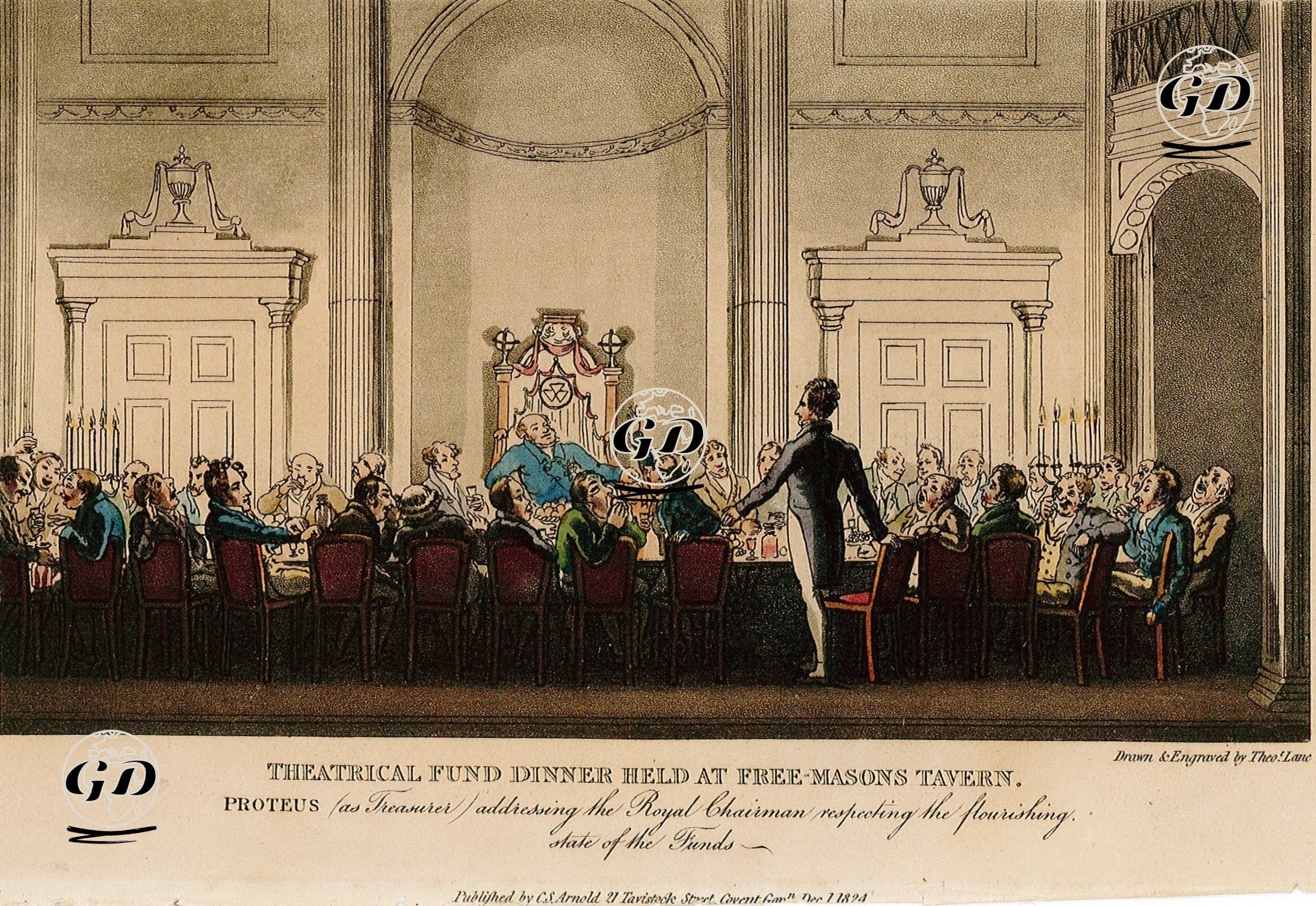Theatrical Fund Dinner Held At Free-Masons Tavern - Proteus( As Treasurer) Adressing The Royal Chairman Respecting The Flourishing State Of The Funds - Theodore Lane (1800-1828) - 1824