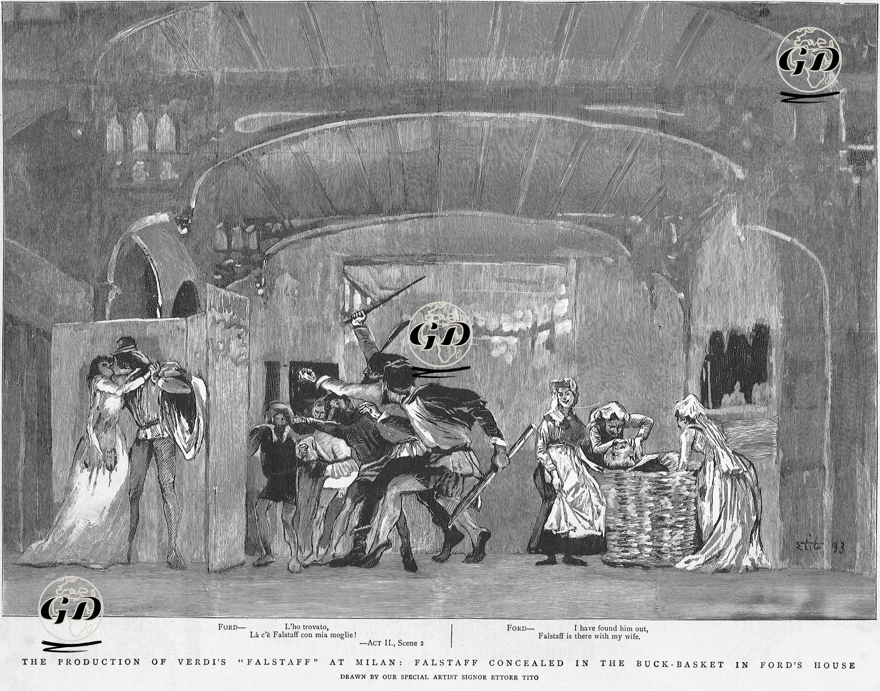 The Production Of Verdi's  "Fallsatff" At Milan, Falstaff Concealed in The Buck Basket in Ford's House  - Ettore Tito (1859-1941) - 1893