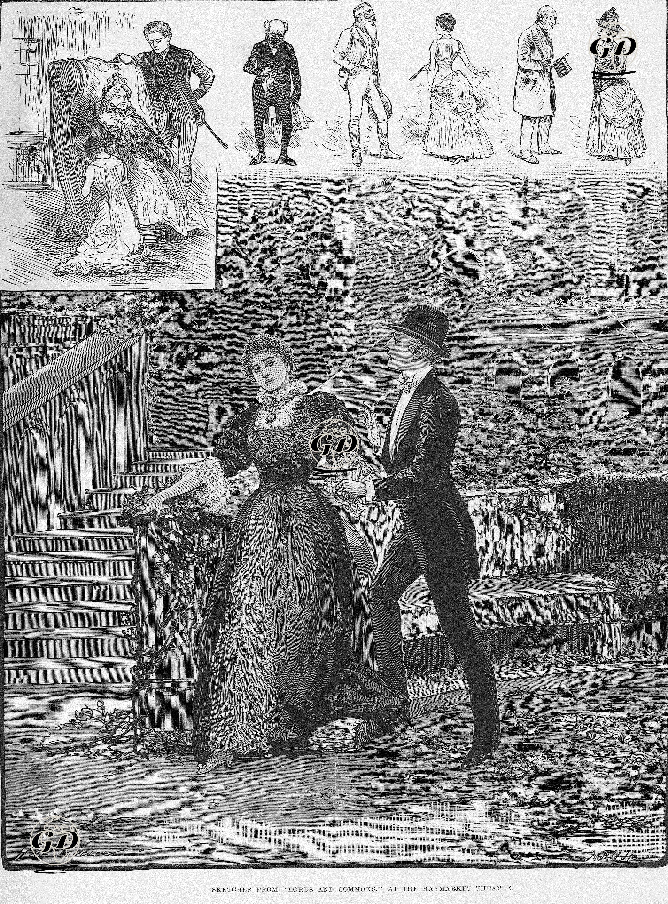 "Lords And Commons (Lordlar ve Sıradan İnsanlar)" Oyunundan Bir Sahne ve Karakterler, Haymarket Tiyatrosu  -  - 1883