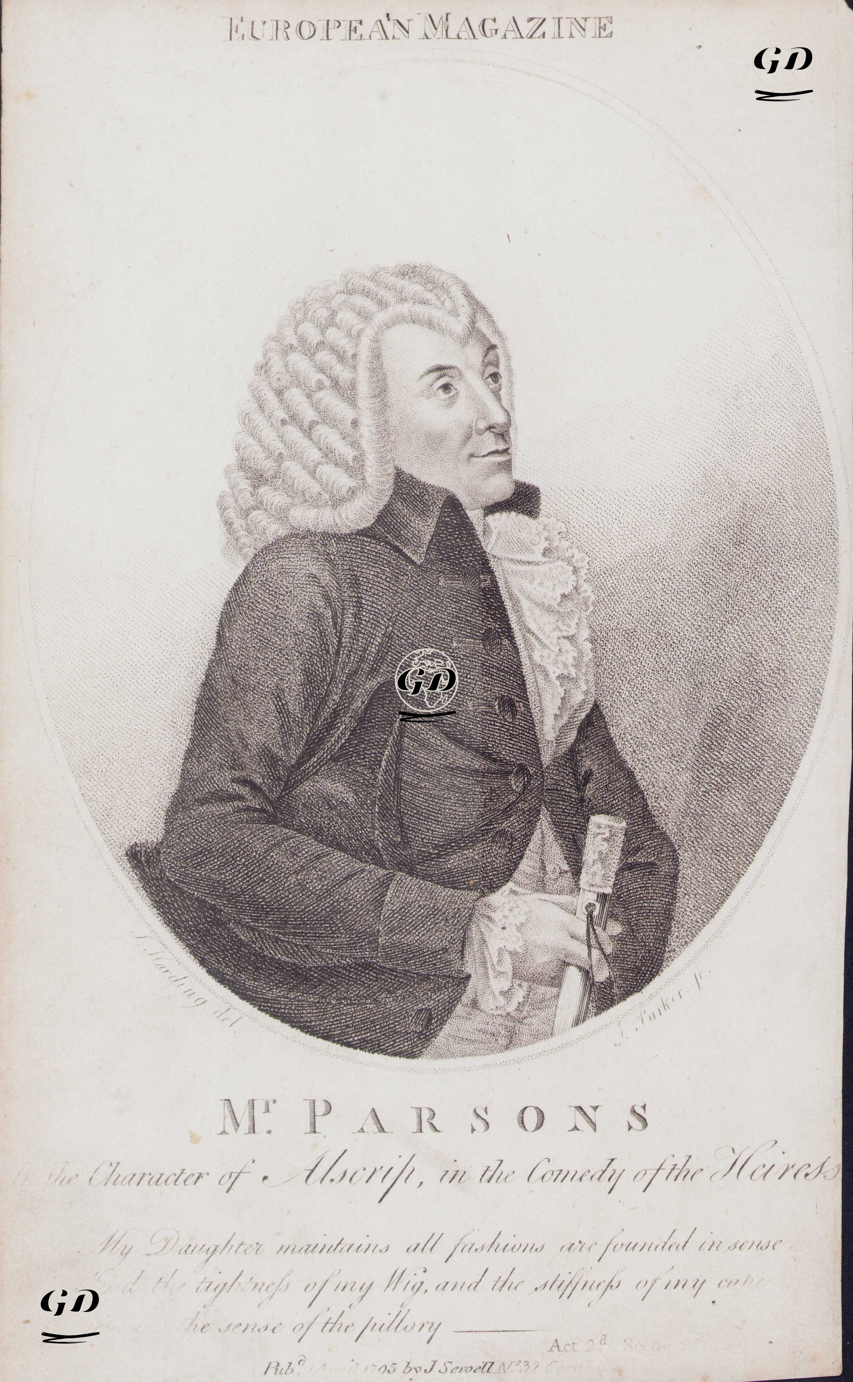John Burgoyne'nin Yazdığı "The Heiress (Mirasçı)" Adlı Komedi Oyununda Alscrip Rolünde William Parsons, "My Daughter maintains all fashions are founded in sense -Icod the tightness of my Wig, and the stiffness of my cape give me the sense of pillory II.Perde II.Sahne - Sylvester Harding (1745-1809) - 1795