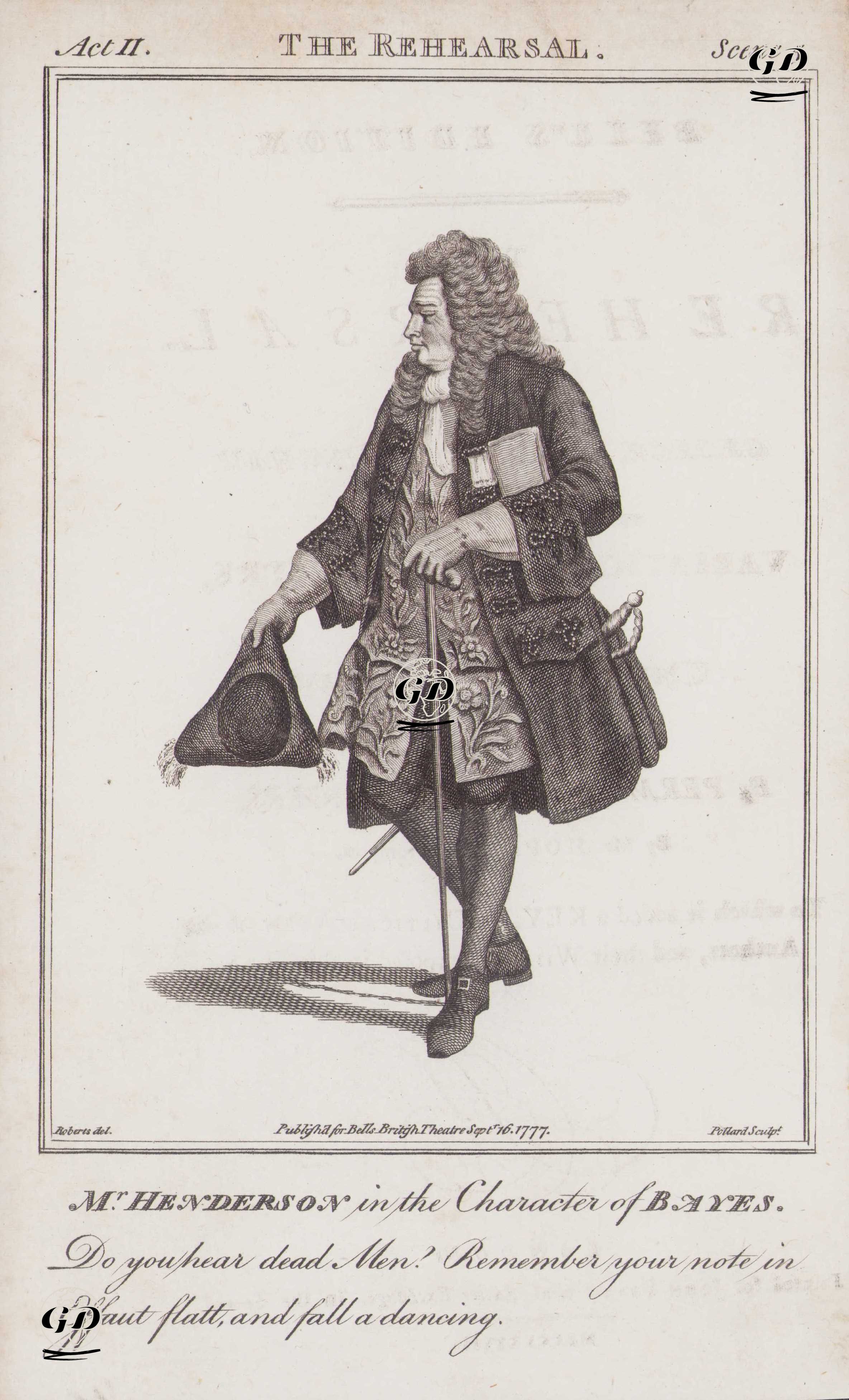 Mr. Henderson in the Character of Bayes-Do you hear dead Men? Remember your note in effaut flatt, and fall a dancing.- in The Rehearsal, Act II Scene V (John Henderson) - James Roberts II (1753-1810) - 1777