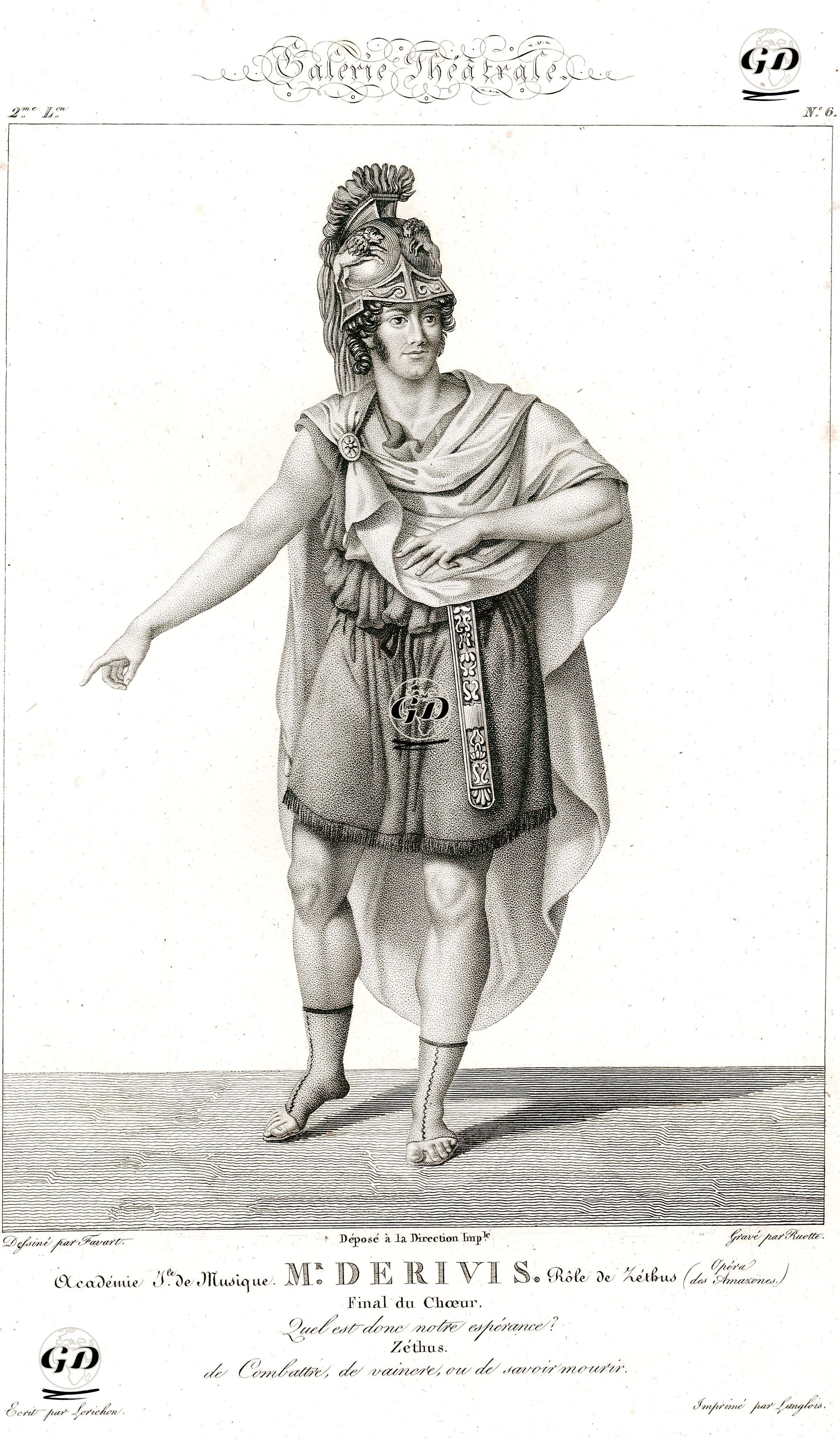 Academia Jle. De Musique, Mr. Derivis, Role De Zetbus (Opera De Amazones) -Galerie Theatrale-Plate 6 - Antoine Pierre Charles Favart (1784-1867) - 1842