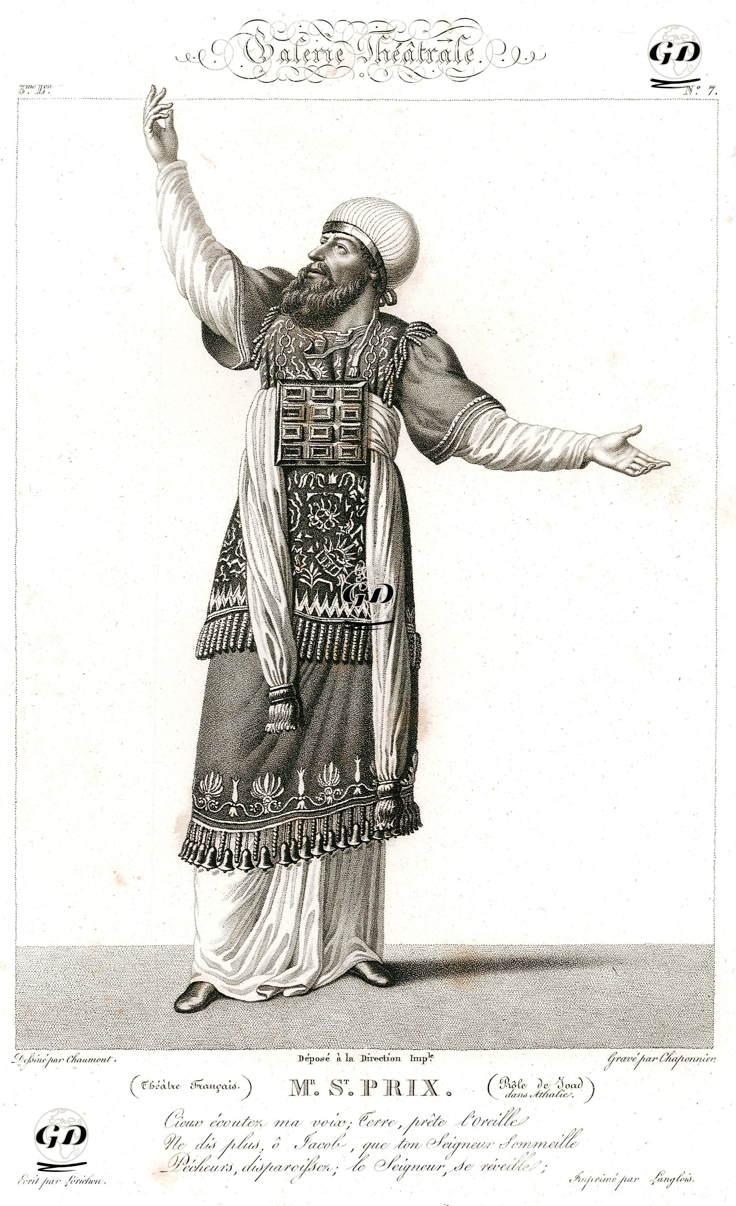 Theatre Francais, Mr.St.Prix (Role De joad Dans Athalie)-Galerie Theatrale-Plate 7 - Chaumont - 1842