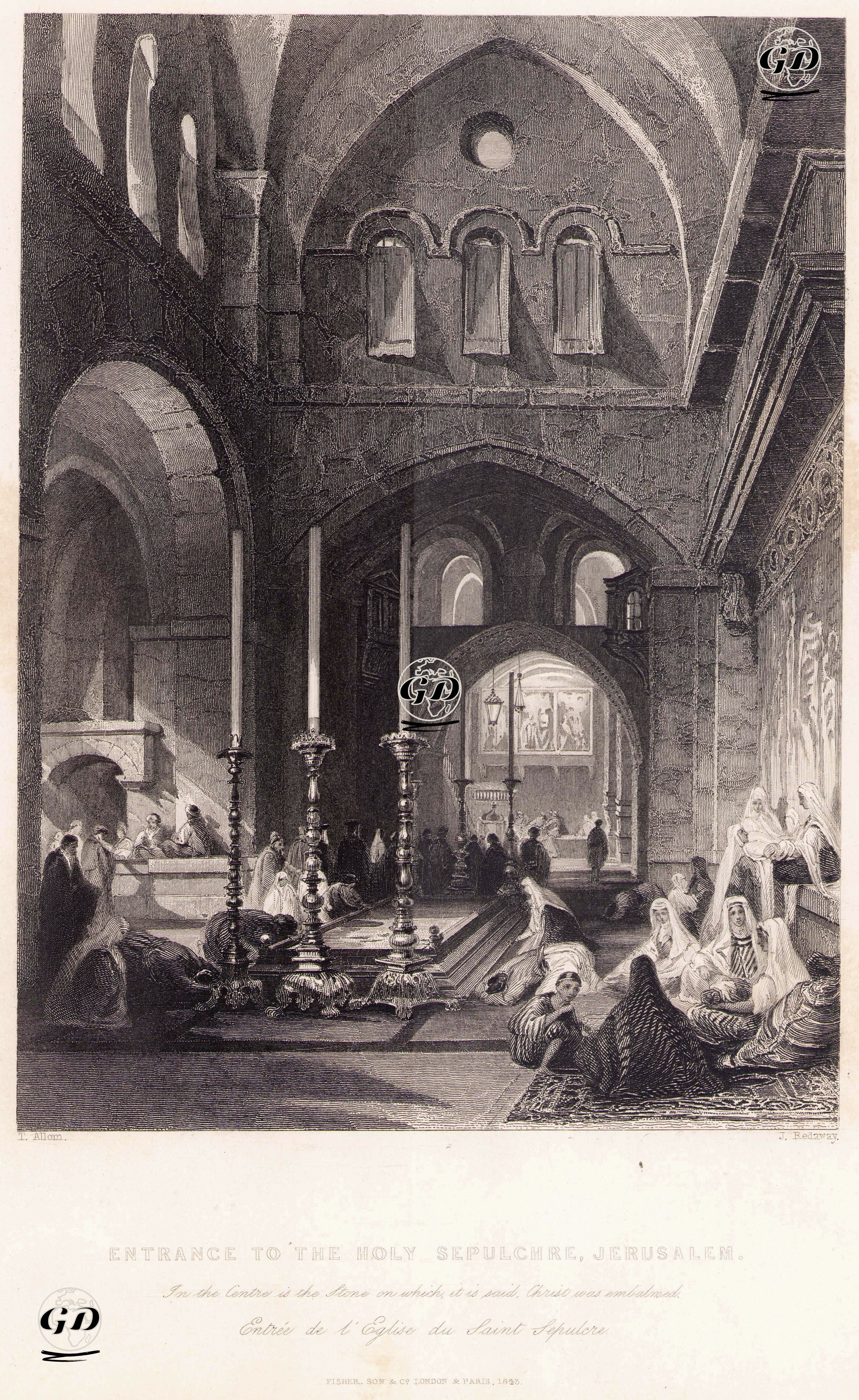 Kutsal Kabir (Yeniden Diriliş) Kilisesi, Kutsal Mezarın Girişi-Rivayete Göre Ortadaki Taş Hazreti İsanın Göğe Yükselişinden Önce Bekletildiği Yer - Thomas Allom (1804-1872) - 1843
