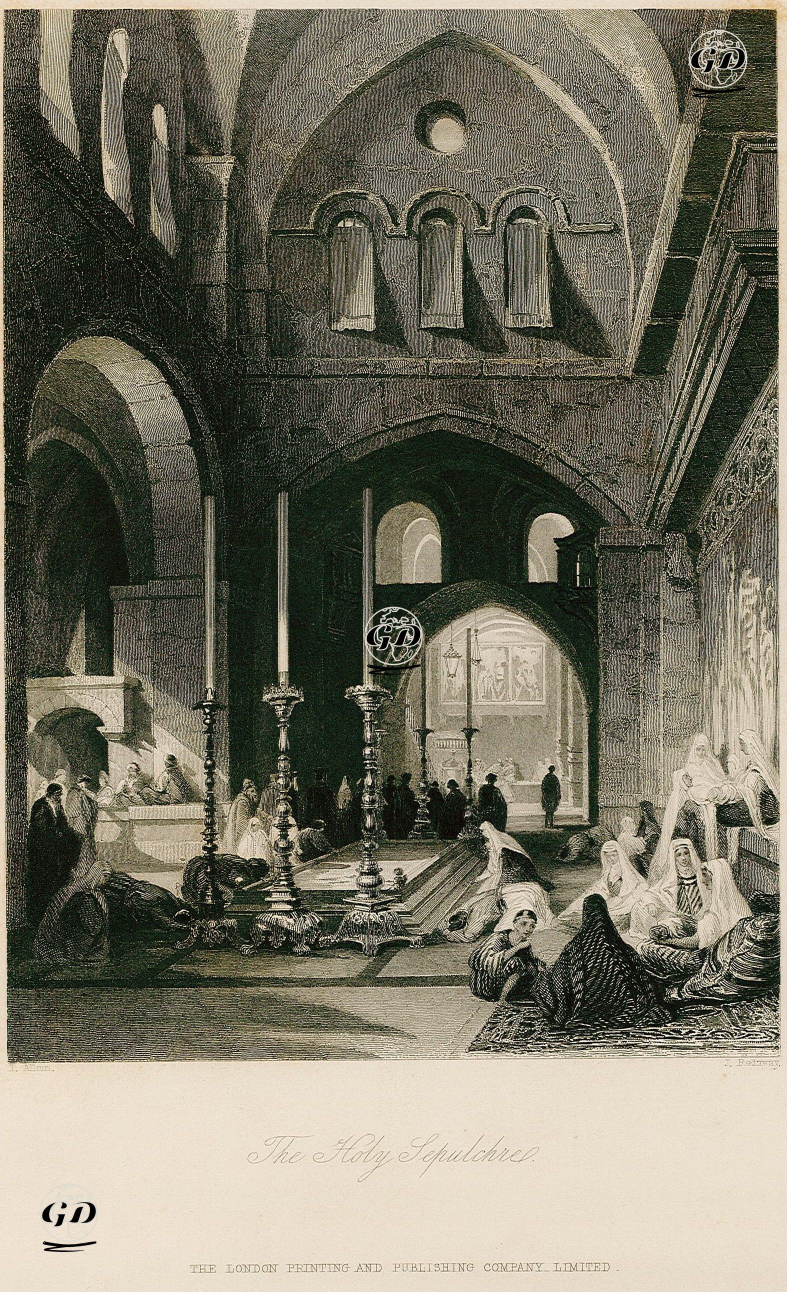 Kutsal Kabir (Yeniden Diriliş) Kilisesi, Kutsal Mezarın Girişi-Rivayete Göre Ortadaki Taş Hazreti İsanın Göğe Yükselişinden Önce Bekletildiği Yer - Thomas Allom (1804-1872) - 1850's