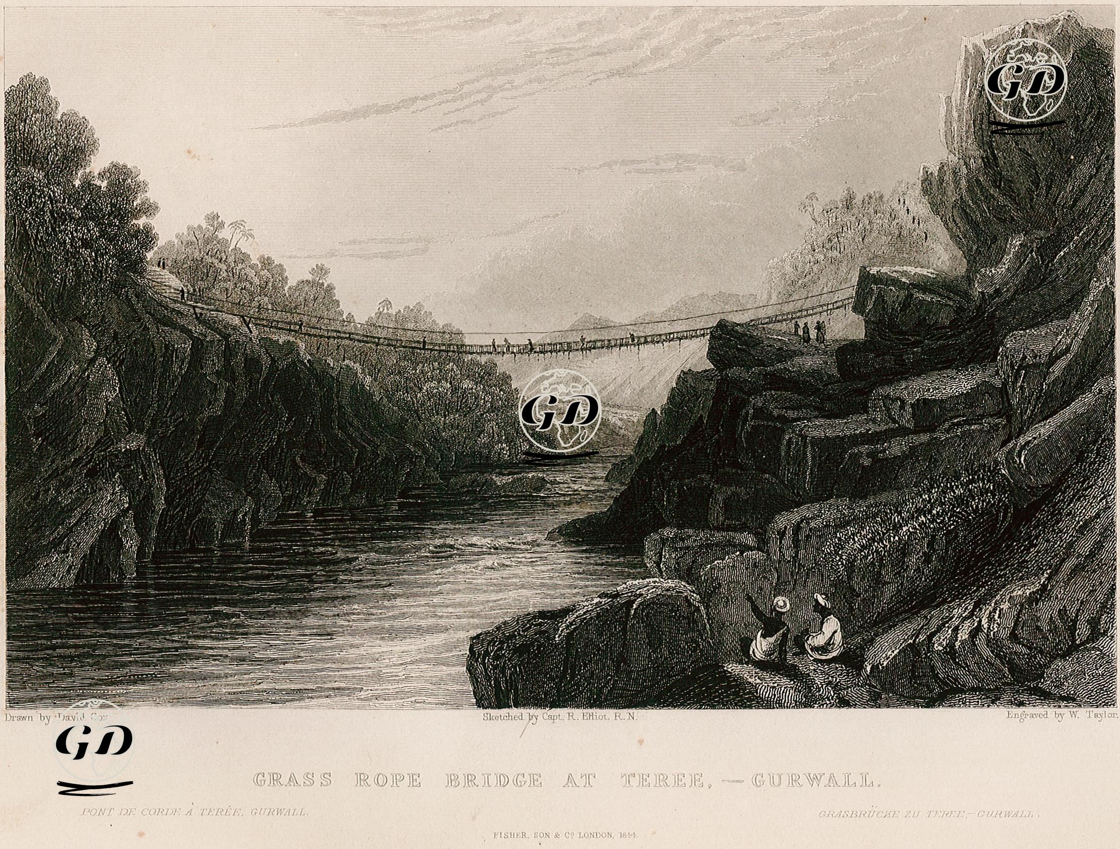 Gurwall Bölgesinin Teree Kasabasında Bulunan Halat Köprü - David Cox (1783-1859)-R.Elliot - 1844